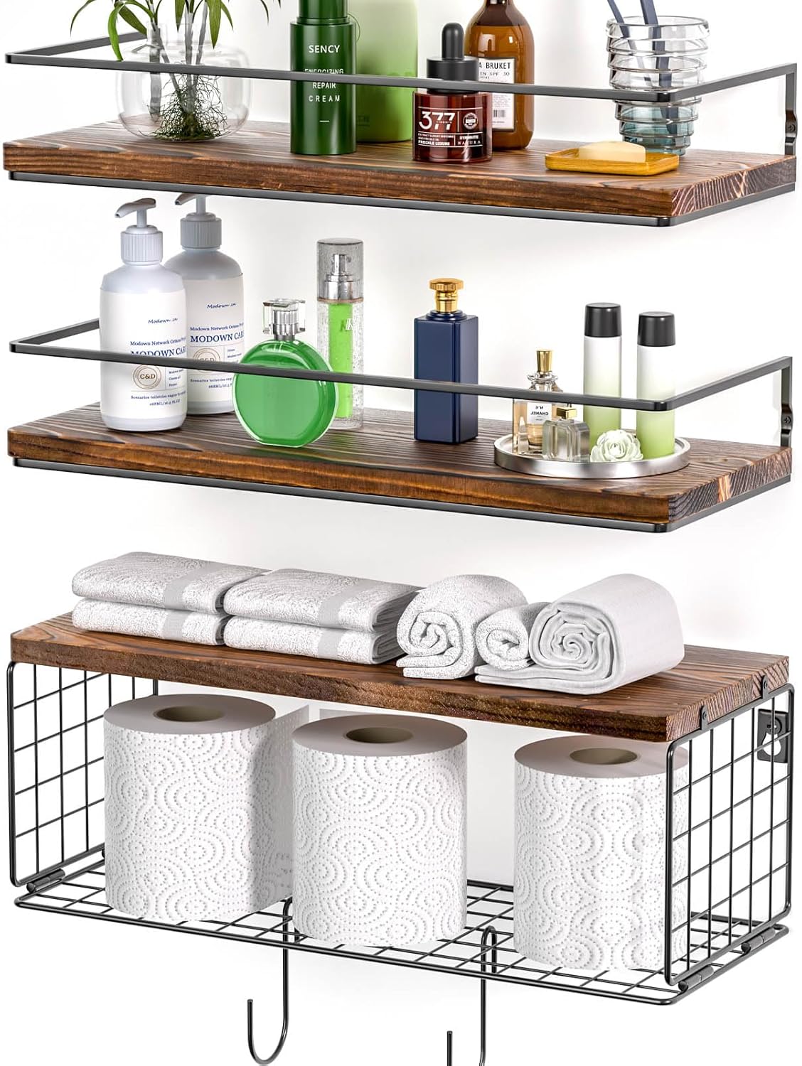 Skiennix 16.1-Inch Wall-Mounted Bathroom Shelves - Over Toilet Storage with Hooks & Basket | Brown