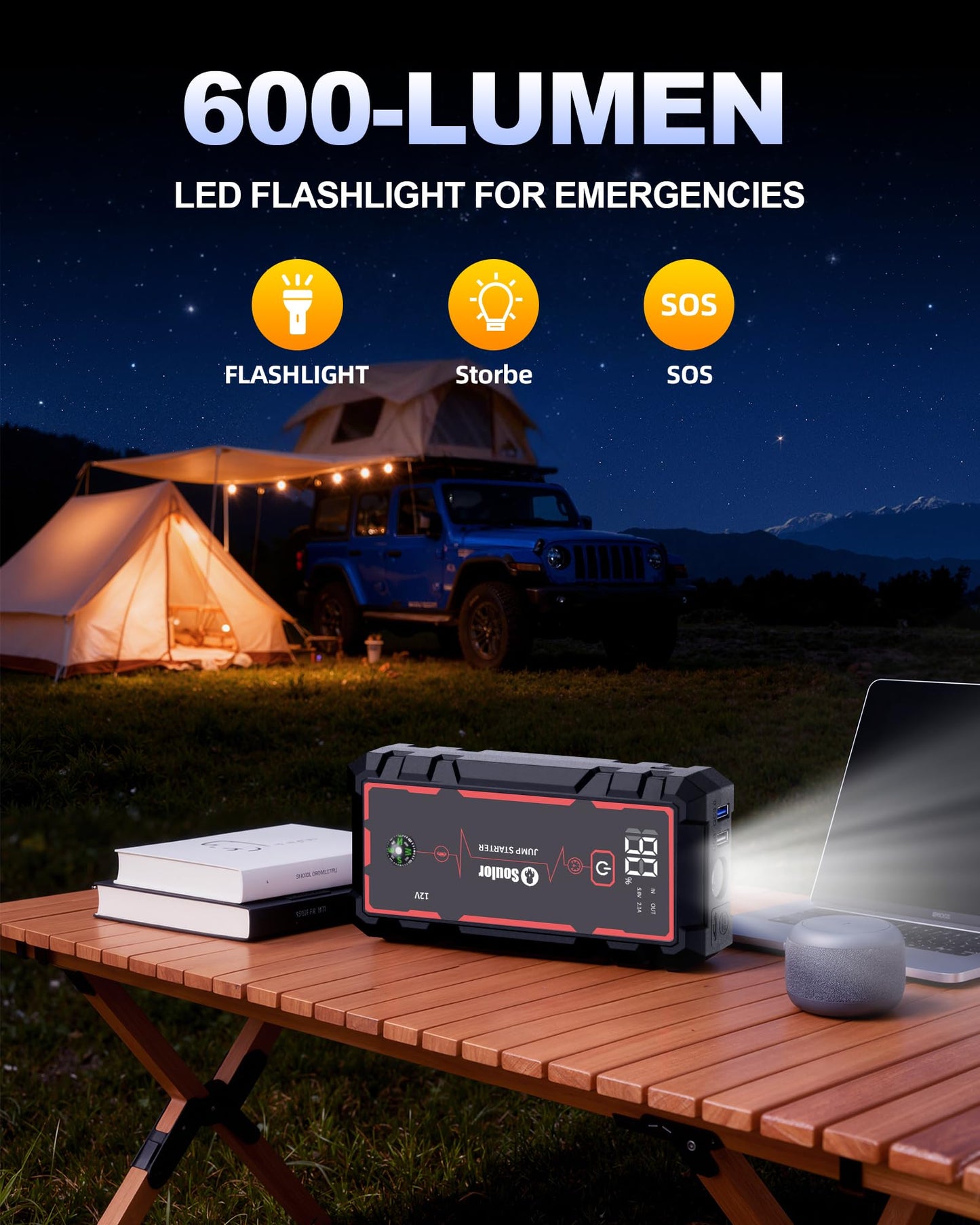 Jump Starter, Battery Jumper Starter Portable, Car Battery Jump Starter with 3 Modes Flashlight, Compass, Power Bank and Jumper Cable