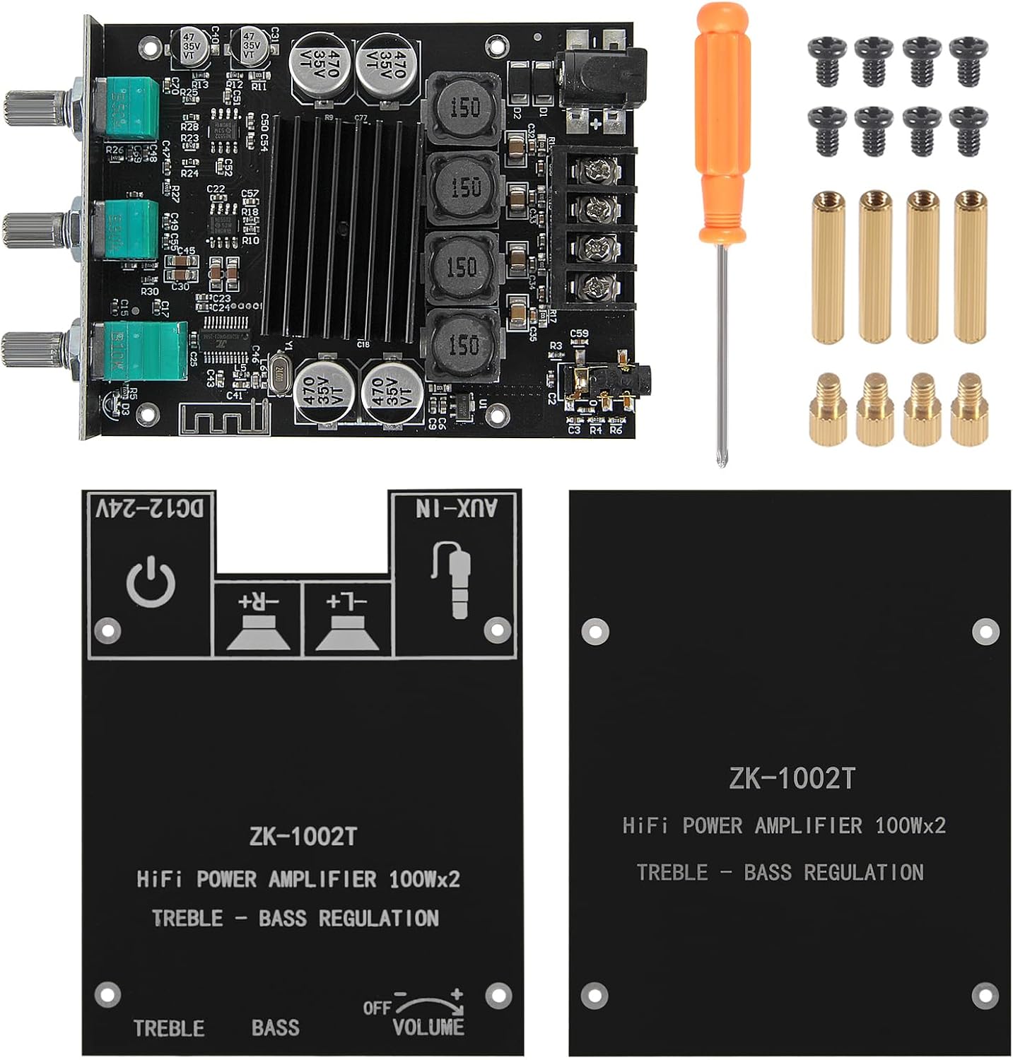 AITRIP 2PCS ZK-1002T 2.0CH 100W*2 9-24V Bluetooth Amplifier Board Mini Audio AMP with Treble and Bass Control, BT