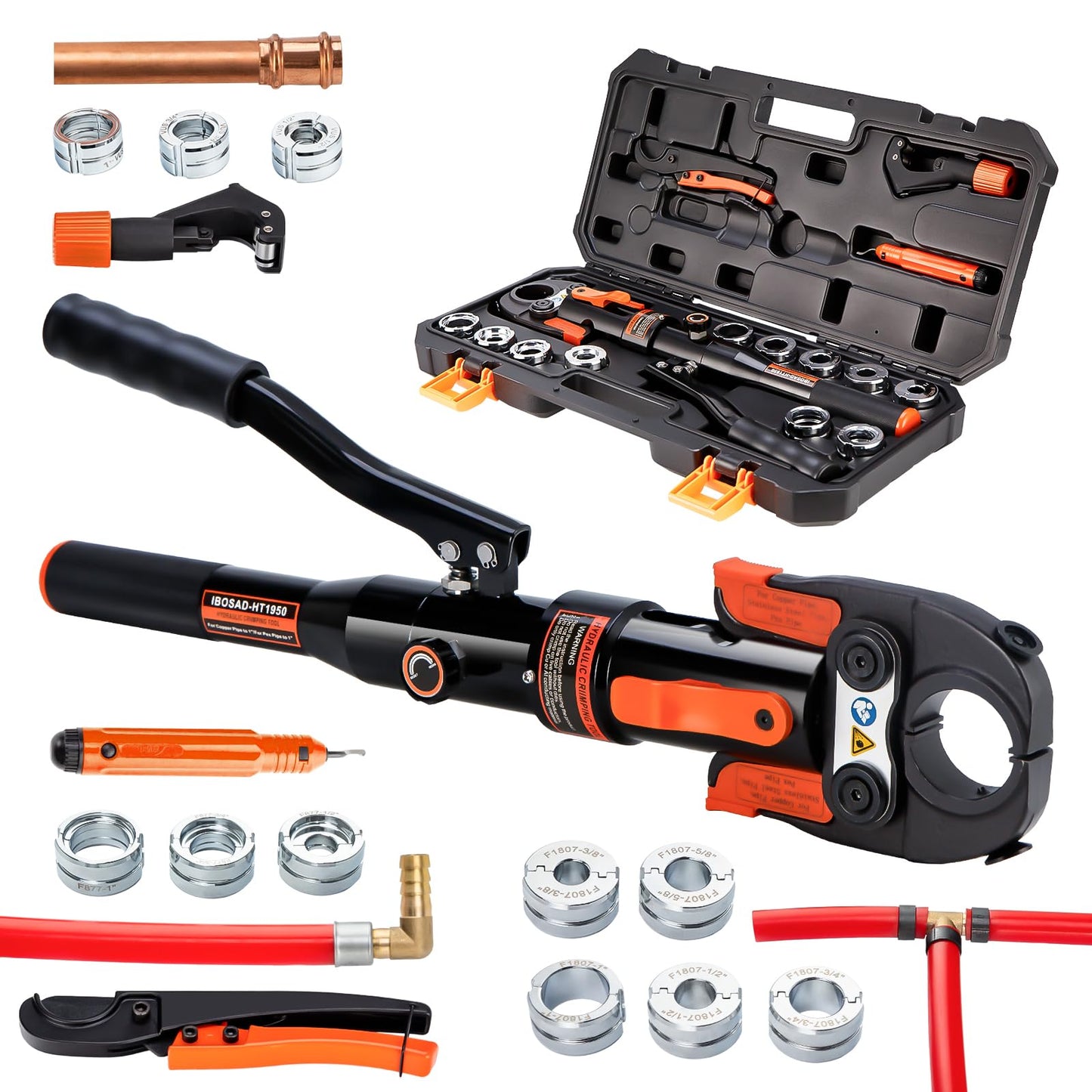 IBOSAD Hydraulic Copper Pipe Tube Fittings Crimping Tools with1/2,3/4,1" Dies for copper Pipe and F877 Stainless PEX Press Sleeves,3/8",1/2",5/8",3/4",1" Dies for ASTM F1807 Pex Pipe Copper Ring