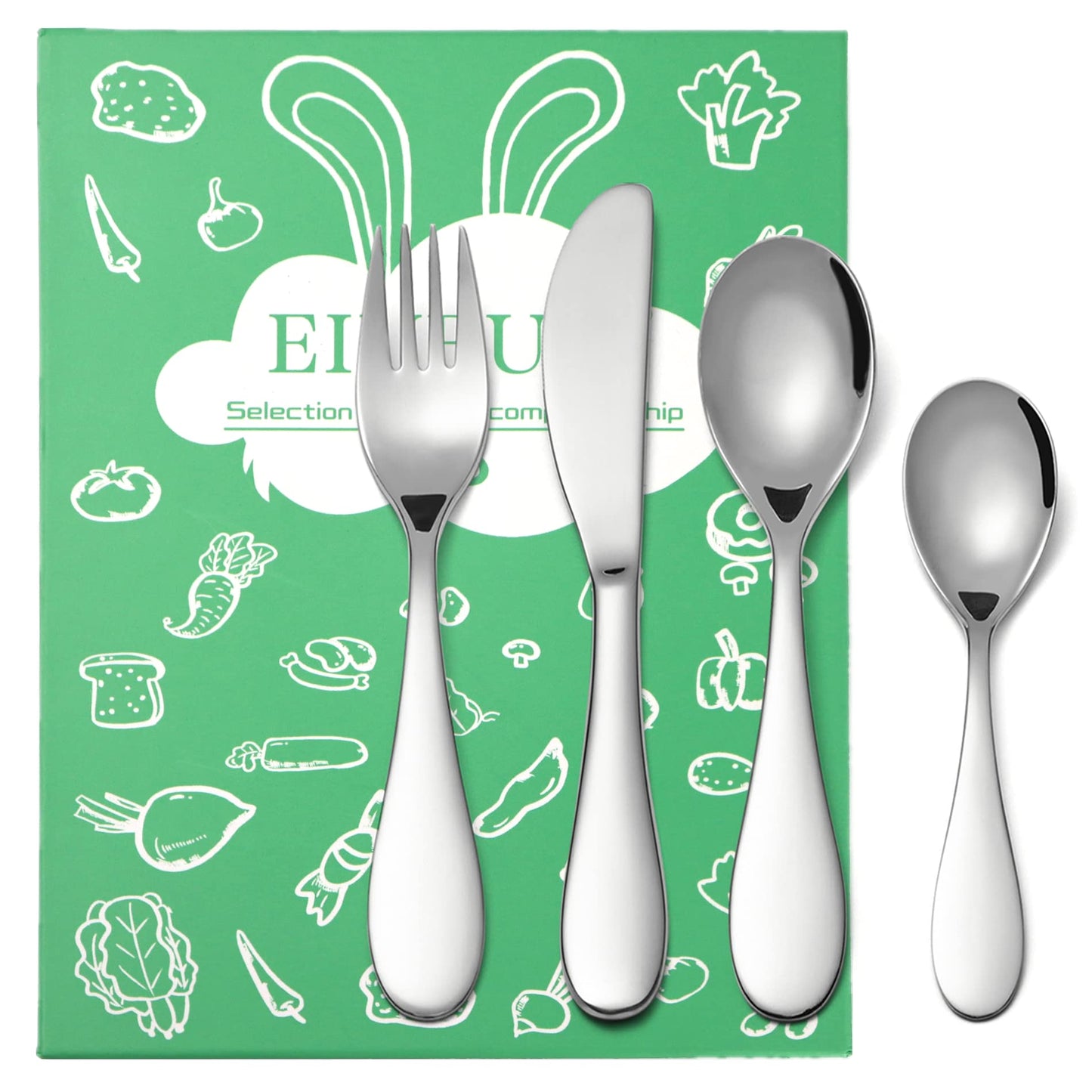 Kids Silverware Set, EIUBUIE18/10 Stainless Steel Metal Toddler Utensils, Safe Reusable Child Cutlery Flatware Includes Fork Knife Table Spoons for Eating(4 Piece, Mirror Polished)