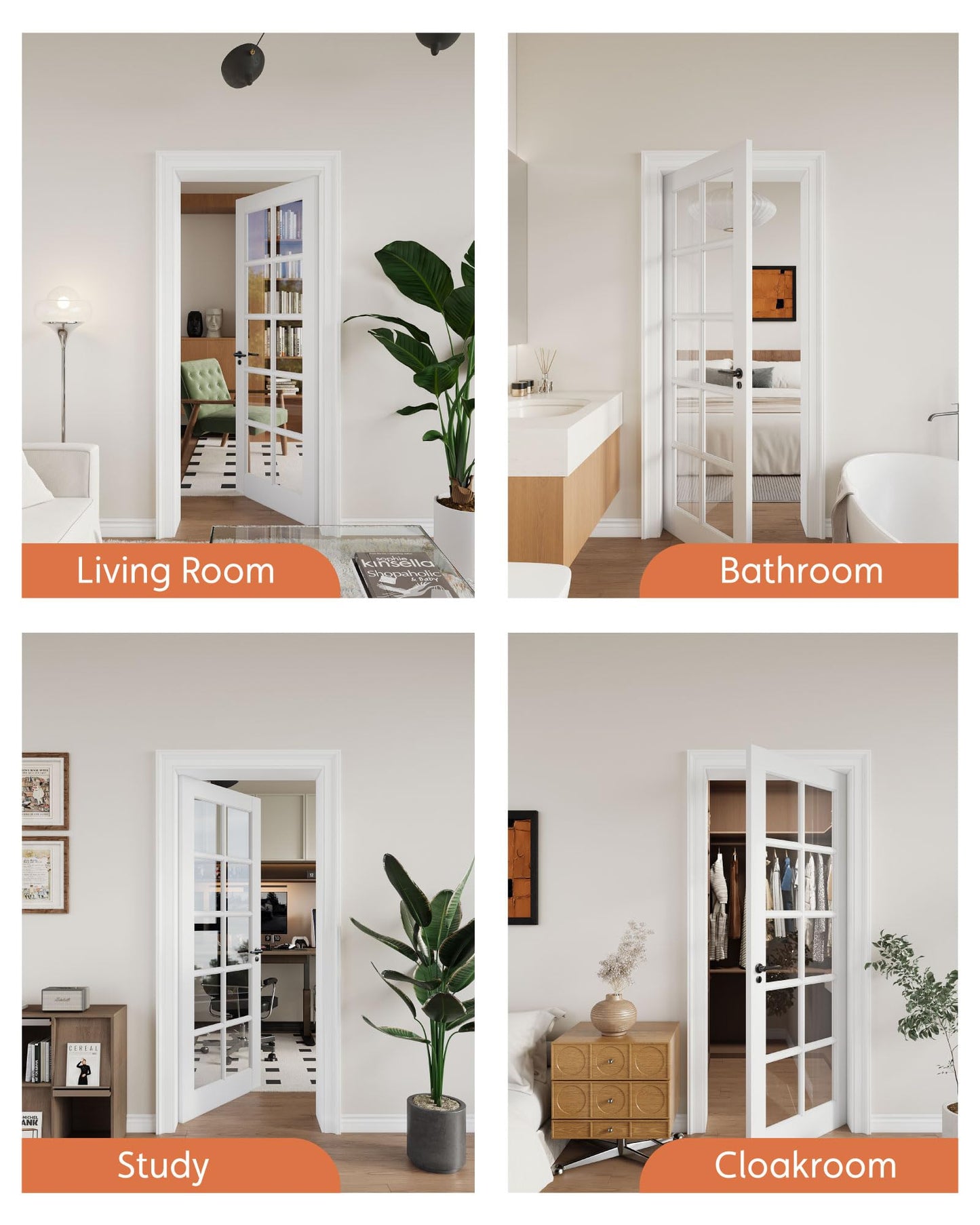 24"x 80" 10-Lite Clear Glass French Interior Slab Door, Solid Core Wood with MDF Door Panel for Bedroom Closet Laundry Pantry Bathroom White Pre-Finished Surface Paintable, w/o Hardware