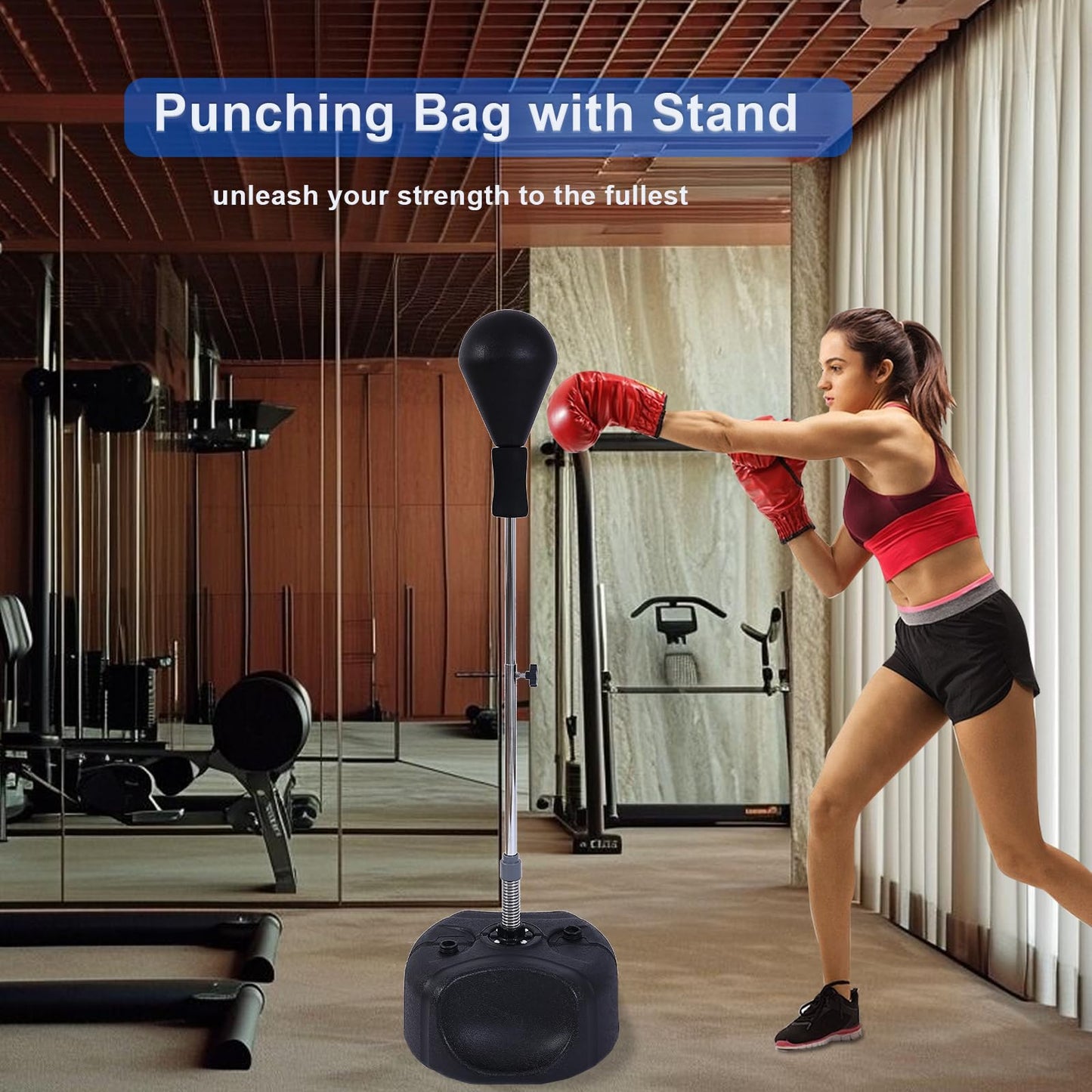 Stiatu Punching Bag with Stand, Heavy Boxing Bag Height Adjustable Reflex Bar and Speed Punching Bag for Adults & Youth, Home Gym Training Equipment for MMA Fitness Stress Relief (Black)