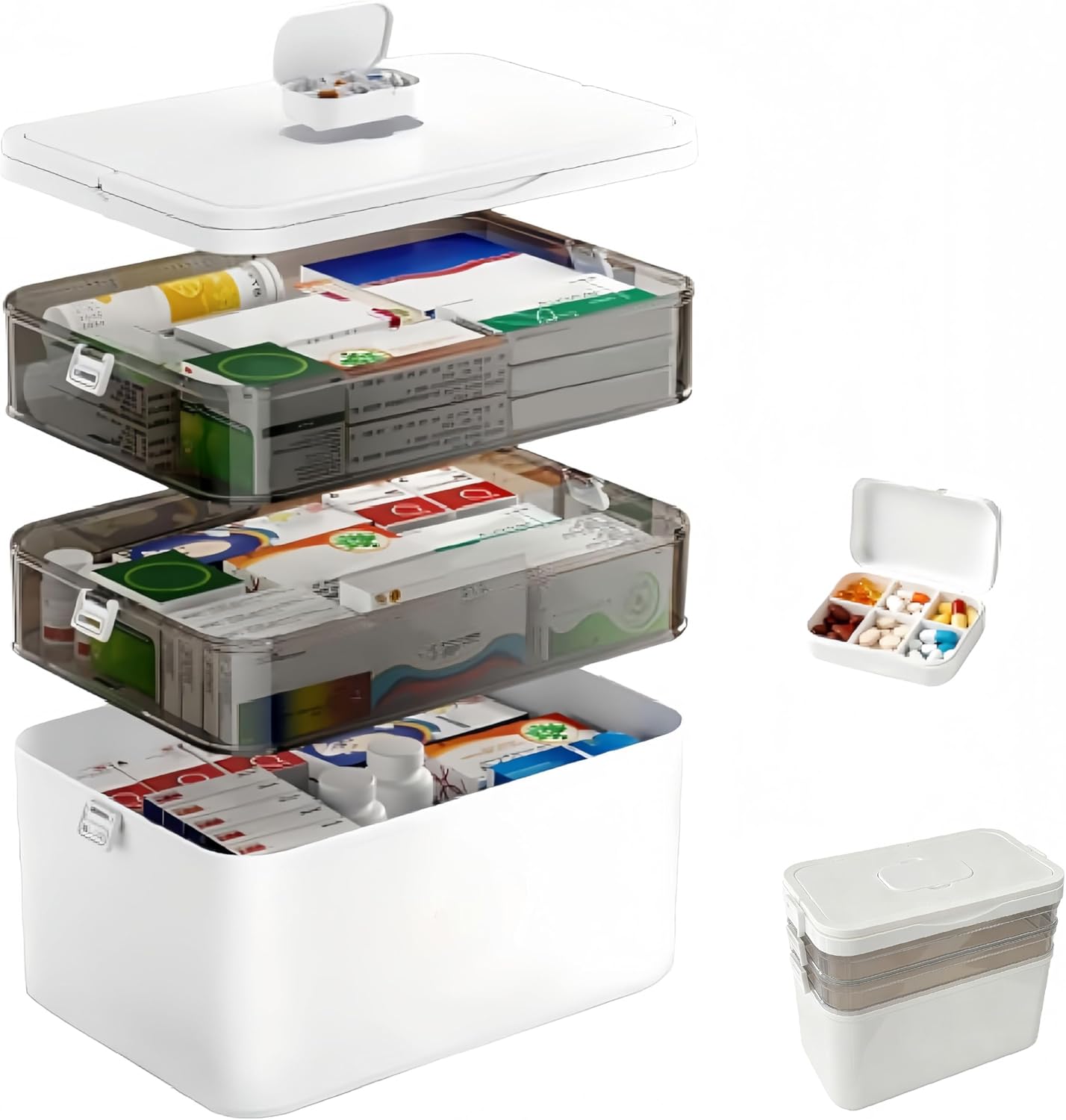 Skiennix 3-Tier Medicine Organizer - Portable First Aid Kit with Detachable Pill Box | White