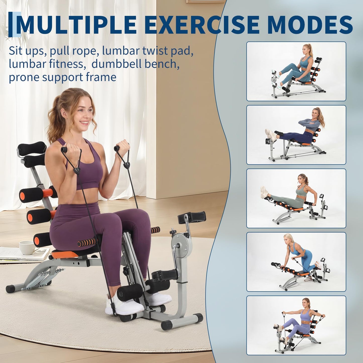 Multifunctional Ab Machine with Pedals, Adjustable Sit Up Bench, Core Workout Bench for Abdominal Training, Foldable Home Gym Fitness Equipment with Ergonomic Back Support, Full Body Exercise