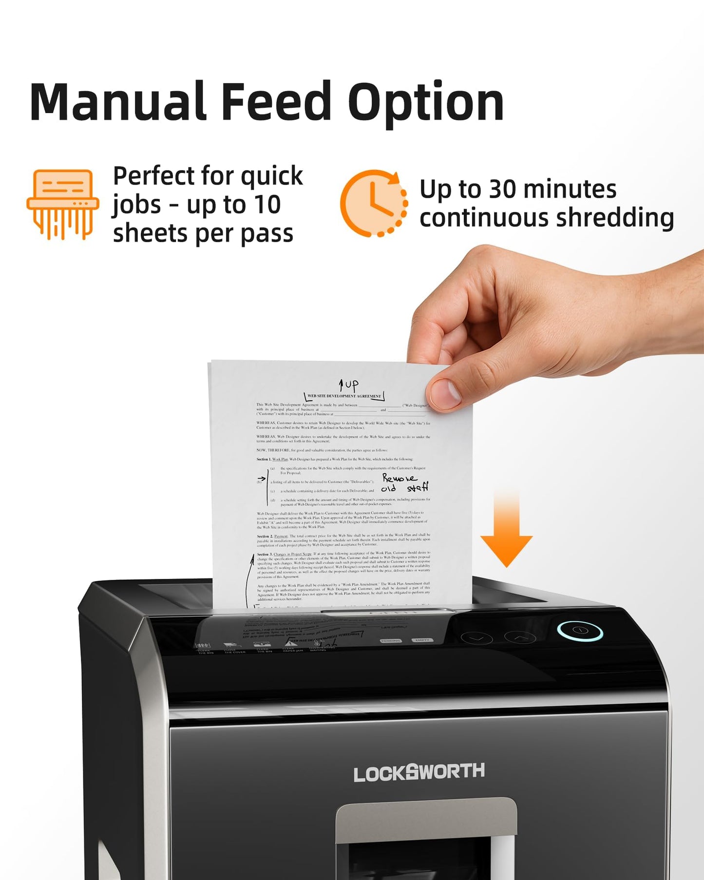Locksworth Heavy Duty Micro-Cut Paper Shredder: 200-Sheet Auto Feed/10-Sheet Manual Feed, P-5 High Security, 8.5 Gallon Bin with Casters for Home Office