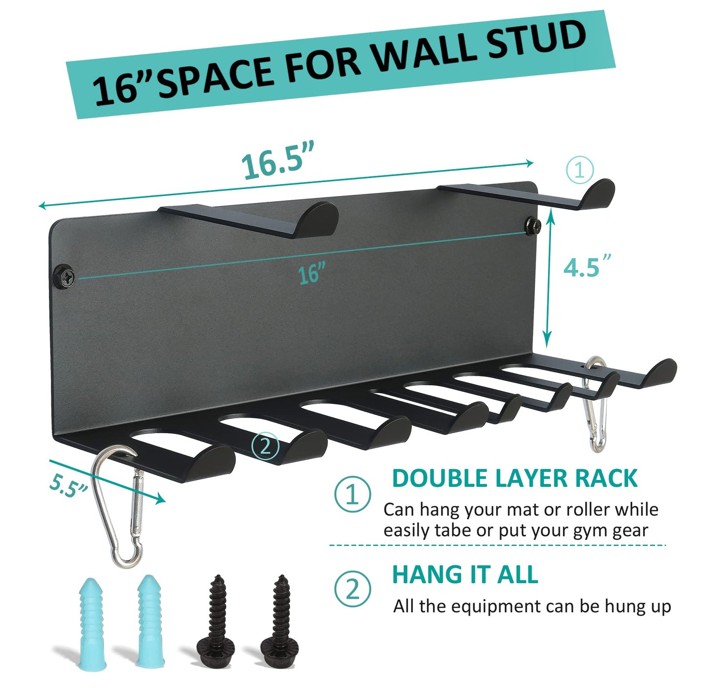 Multi-Purpose Gym Equipment Storage Rack Resistance Bands Storage Hanger Barbell Rack Heavy Duty Gym Rack for Exercise Bands, Lifting Belts and Jump Ropes (Double Layer Black)