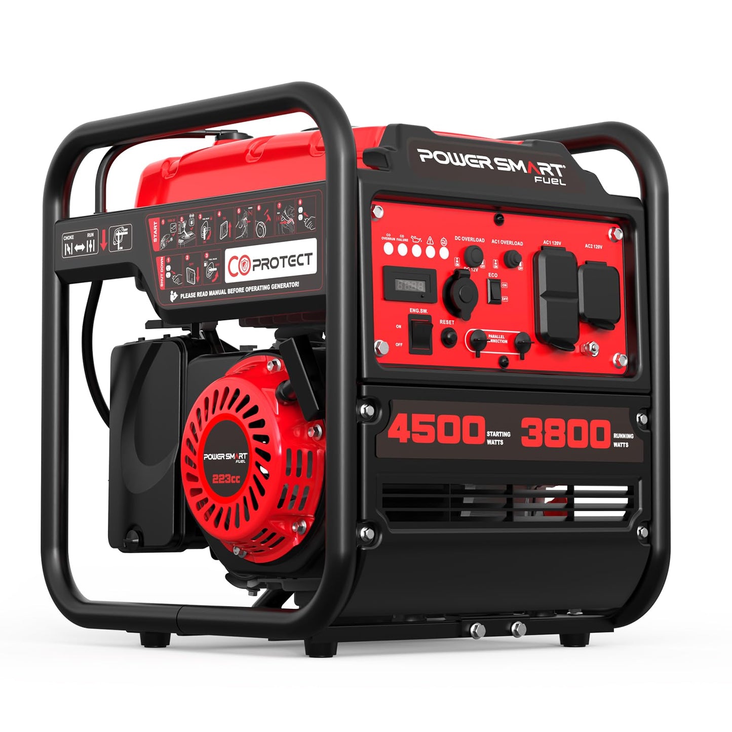 PowerSmart 4500W Portable Inverter Generator with CO Alarm, 223cc Gas Powered Engine, Quiet Run for RV Ready, Home Backup, Emergency, & Camping, EPA Compliant, Parallel Ready