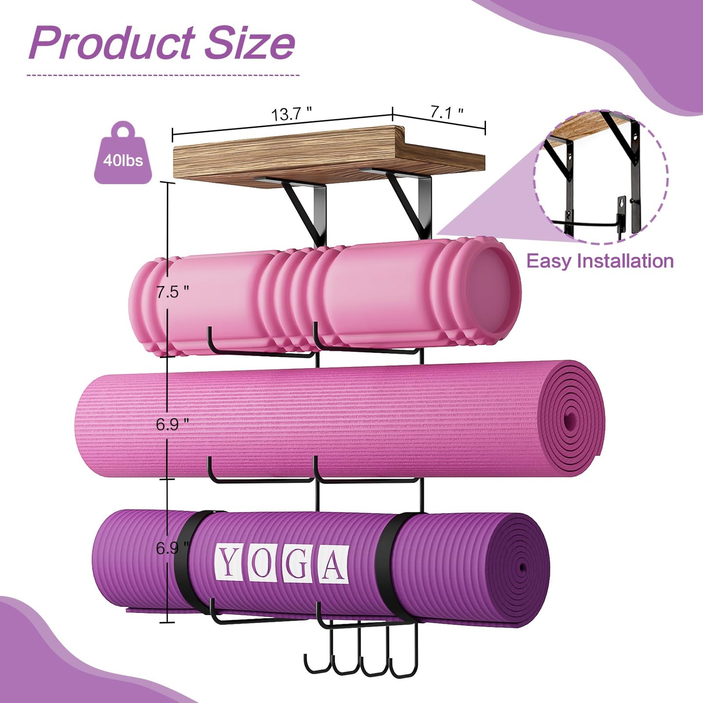 Bikoney Yoga Mat Holder Wall Mount Yoga Mat Storage Home Gym Accessories with Wood Floating Shelves and 4 Hooks for Hanging Foam Roller and Resistance Bands Fitness Home Gym Carbonized Black