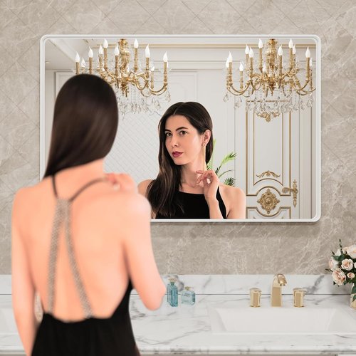 LOAAO Bathroom Mirror - 40x32 Inch White Metal Framed Vanity Mirror | Large Rounded Rectangle, Anti-Rust, Tempered Glass