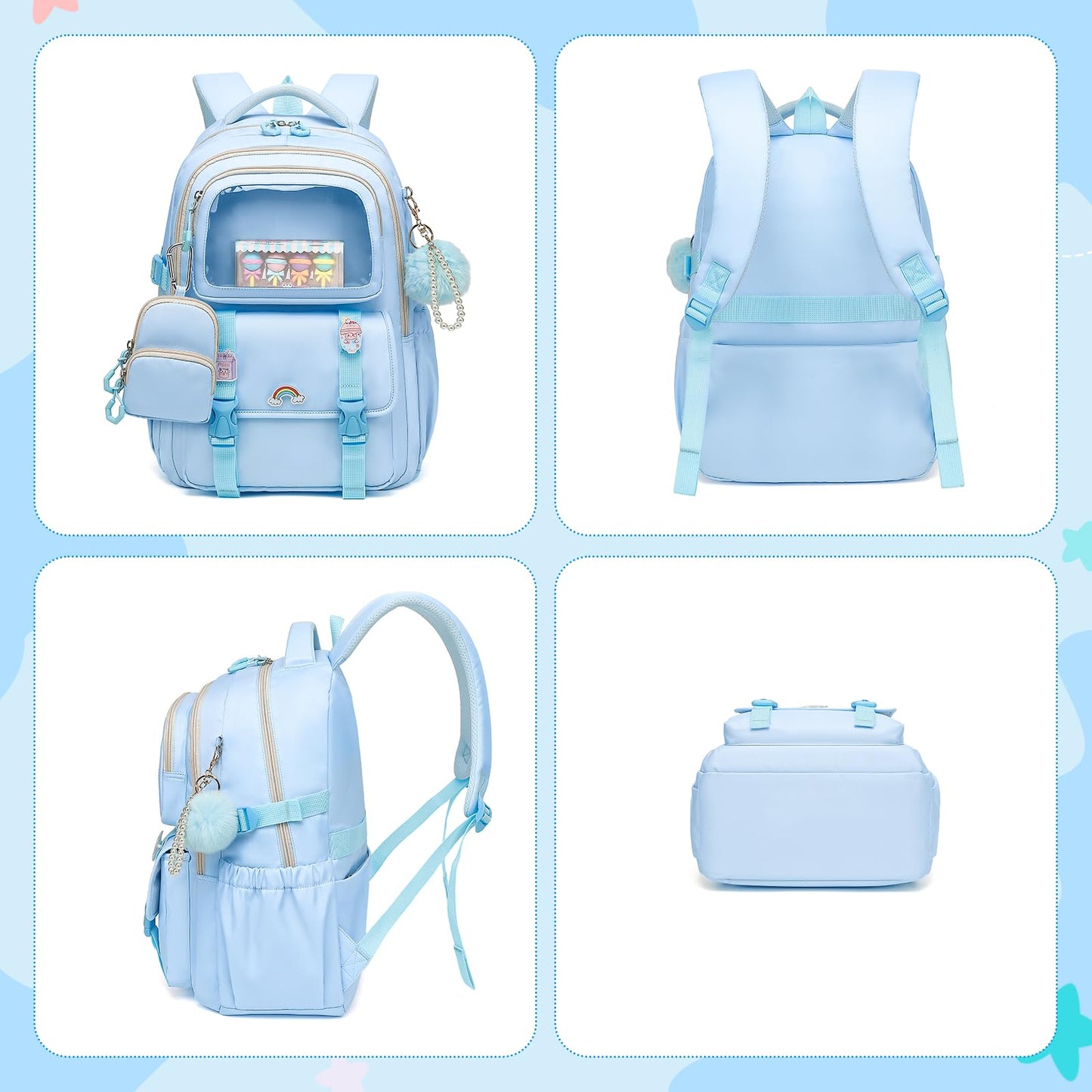 QIXIHU Girls Backpack, Kawaii Kids Backpacks for Girls Multiple Pockets School Bookbag for Girl for Primary Elementary School, Age 6-12 Years Old, Blue