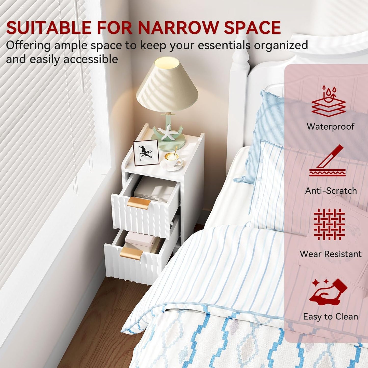 2 UWNS015W IBUYKE Narrow Nightstand, Small Slim Bedside Table with Drawer, Space Saving, Wood Side End Tables