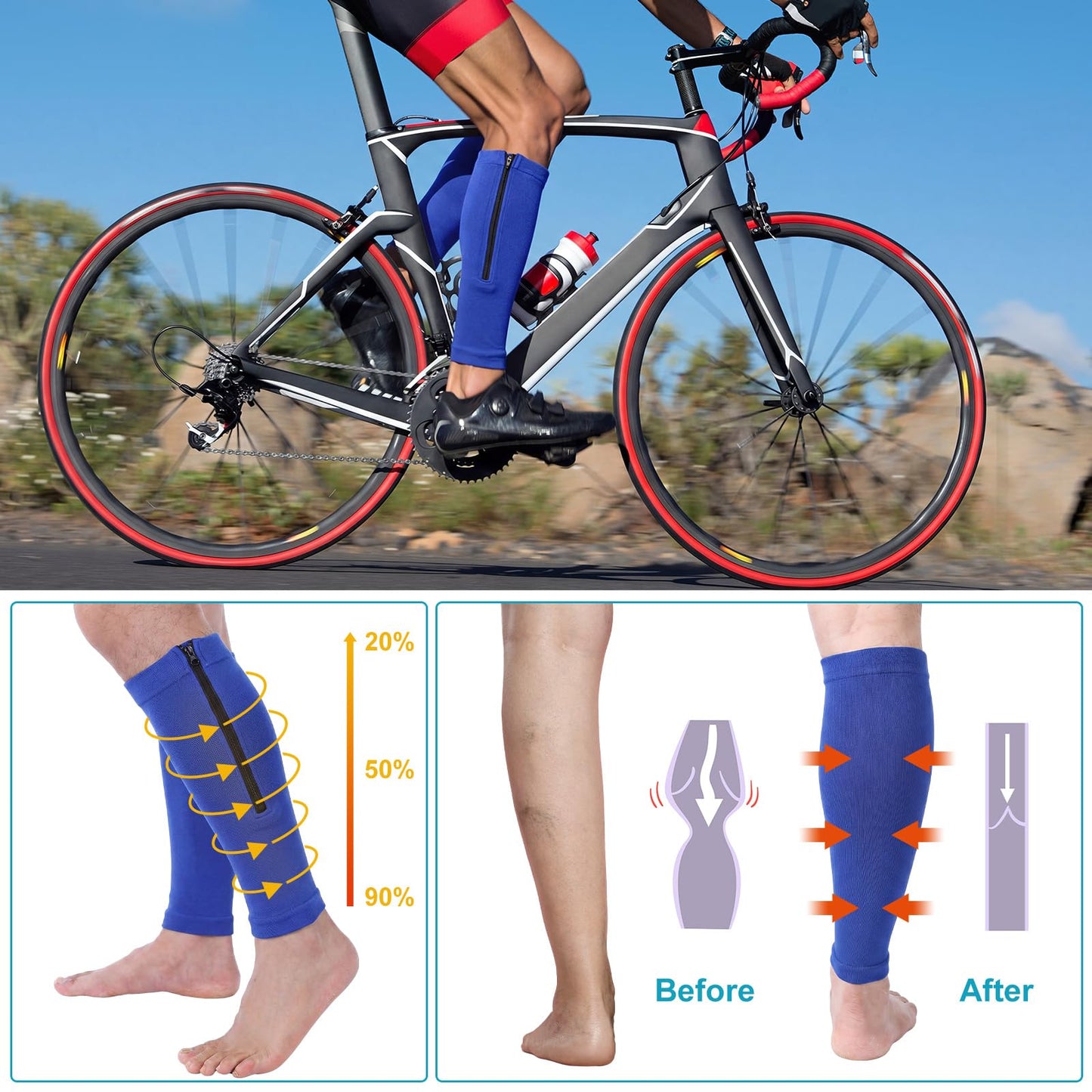 Threlaco 3 Pairs Calf Compression Sleeve with Zipper 20-30mmhg Leg Compression Sleeve Calf Brace Zipper Socks No Foot Sleeves for Men Women Support Running Shin Splints(Black White Blue)