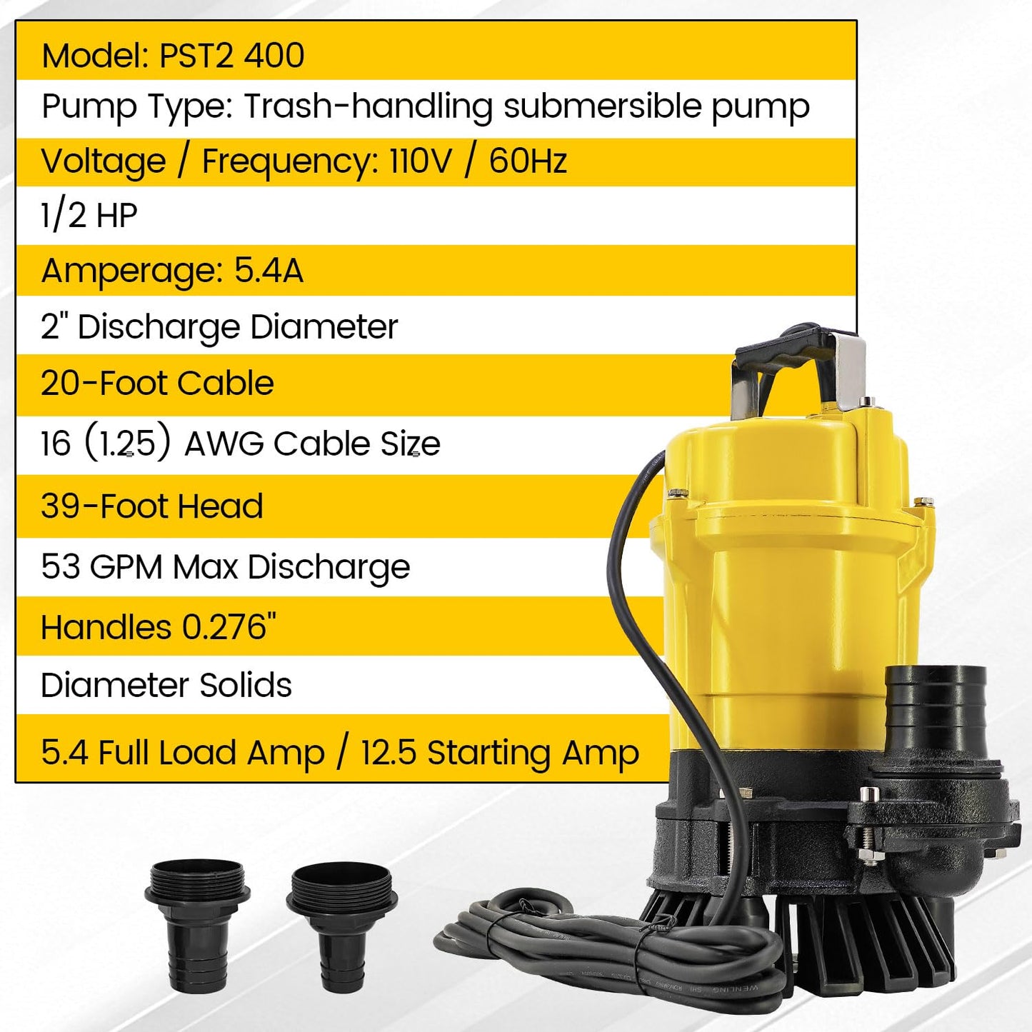 HonHuCo PST2 400 1/2HP Submersible Pump Compatible with Wacker Neuson Sub. Pump 110V/60hz 5.4A for Pool, Basement, Outdoor & Pond Draining 5000009112