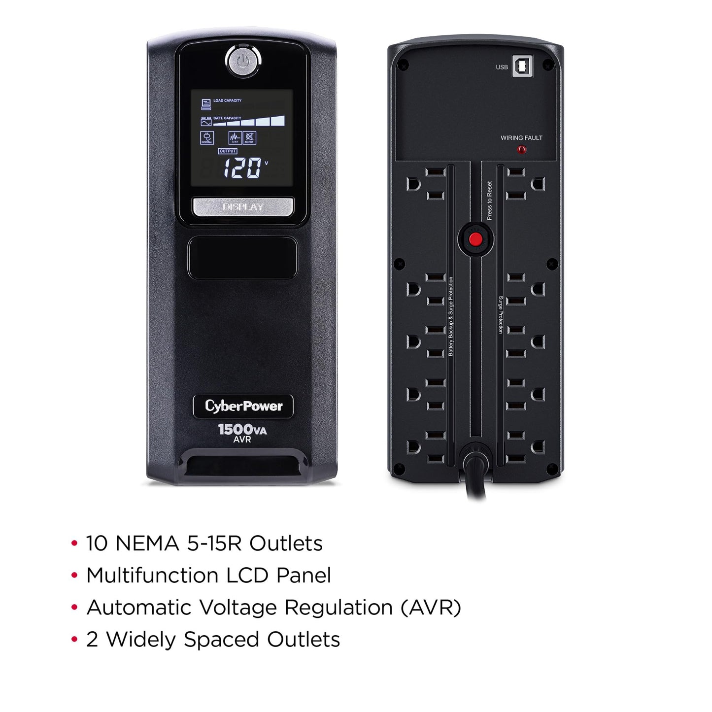 CyberPower LX1500GAVR Line‑Interactive UPS Battery Backup and Surge Protector, 1500VA/900W, AVR, 12 Outlets, LCD Display, Tower Design, UL Certified