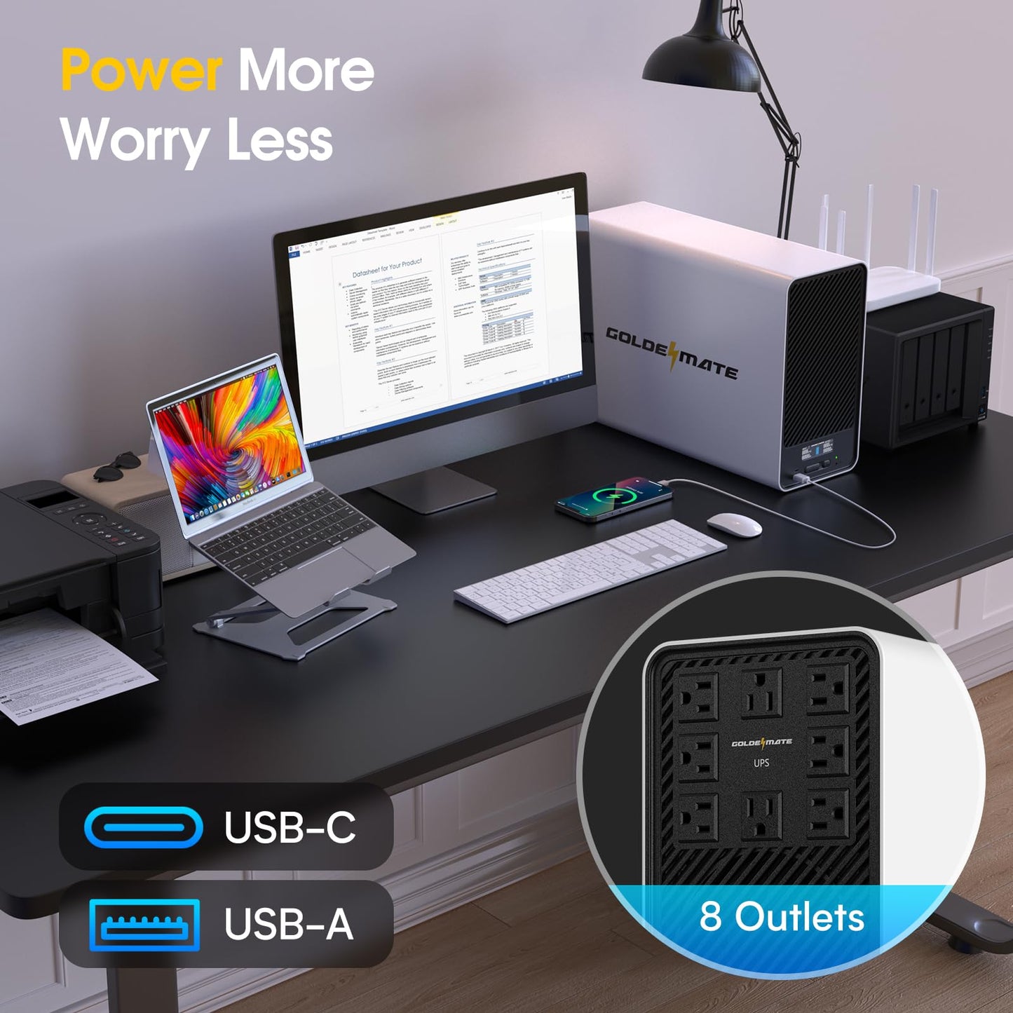 GOLDENMATE 1500VA/1000W Lithium UPS Battery Backup and Surge Protector, Backup Battery Power Supply with LiFePO4 Batteries(296Wh), AVR, Line Interactive Sinewave UPS System, 8 Outlets, LCD Display