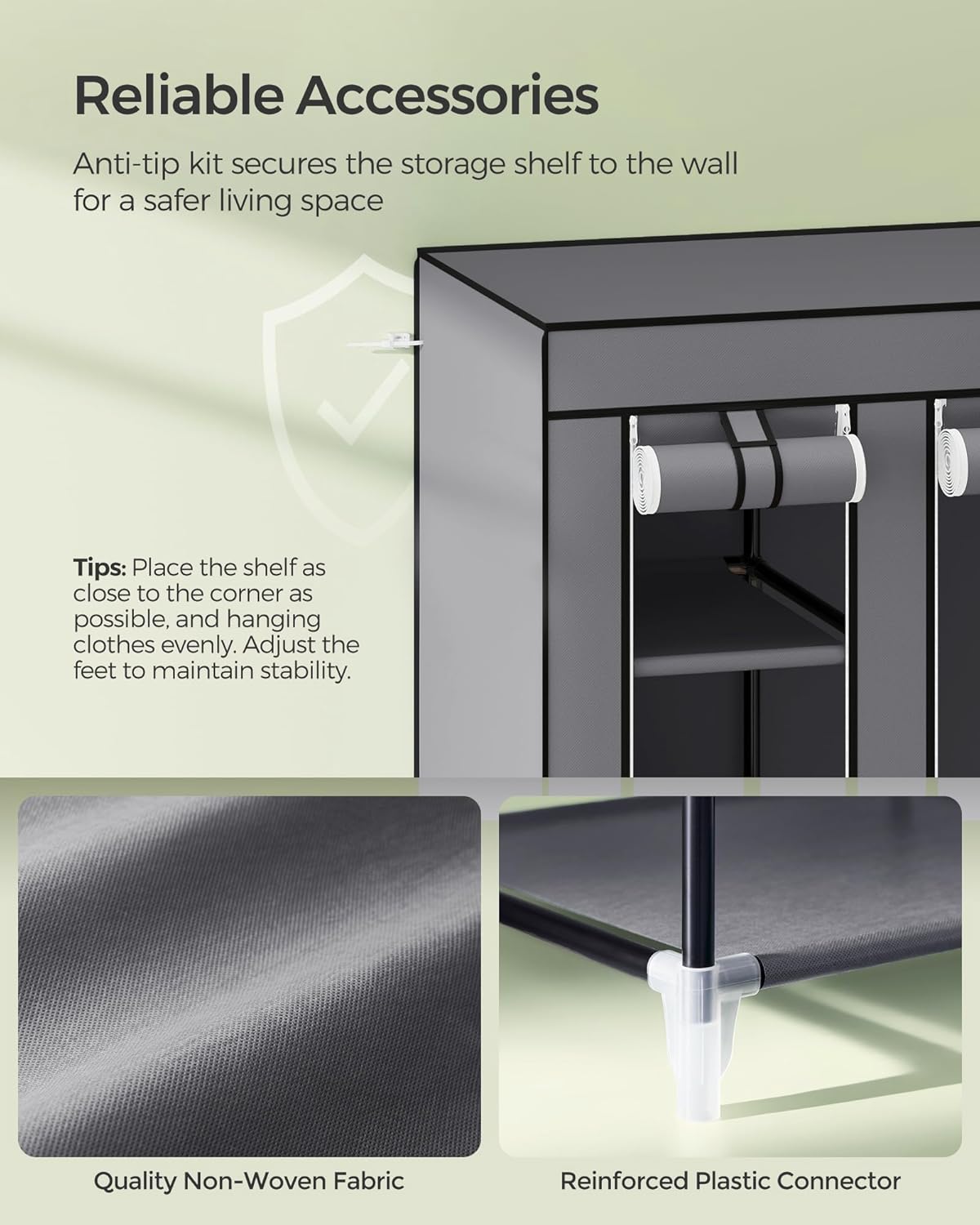 SONGMICS Portable Closet Wardrobe - Non-Woven Fabric Cover Clothes Organizer, 59 x 17.7 x 69 Inches, Gray