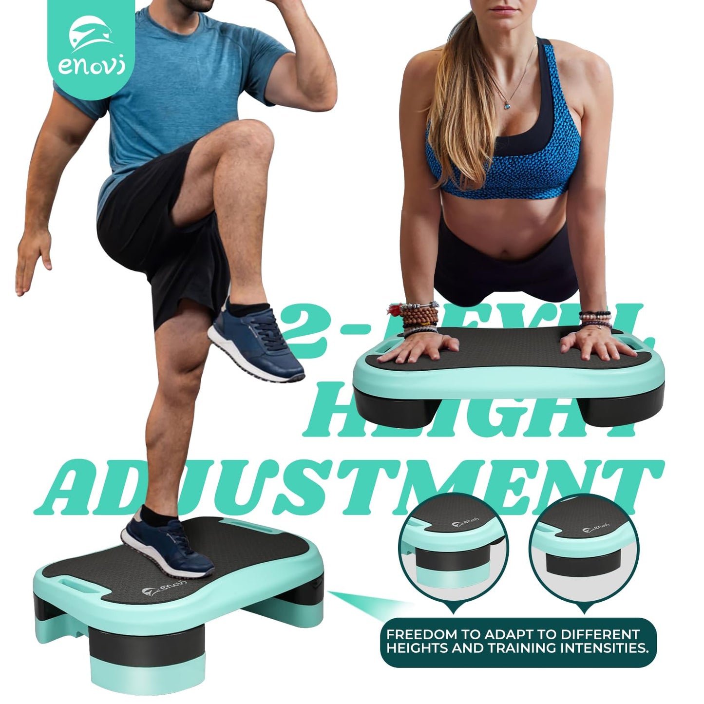 Enovi Basic Steppers for Exercise at Home, Aerobic Steppers, Exercise Step Platform with Soft cushion and 2 Adjustable Height Risers