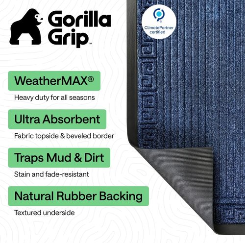 GORILLA GRIP Waterproof All-Season Doormat - Natural Rubber, Stain & Fade Resistant, 29x17, Navy Greek Keys