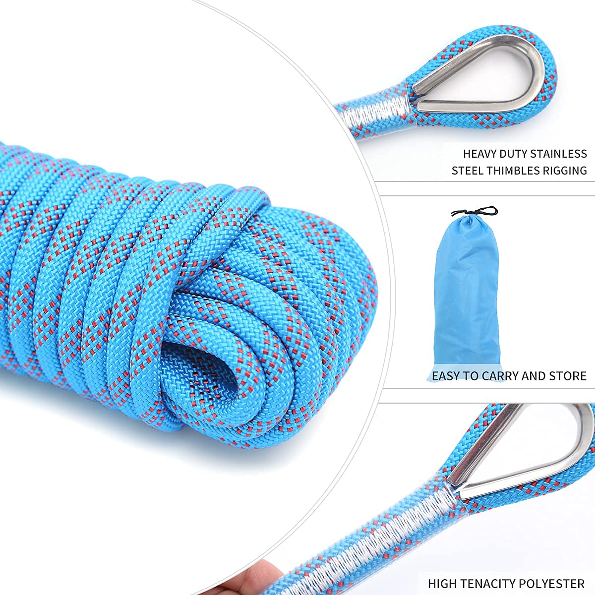 Outdoor Climbing Rope 12MM Diameter 10M(32ft) 20M(64ft) Static Rock Climbing Rope,Tree Climbing Rappelling Rope,Escape Nylon Rope,Ice Climbing Equipment Fire Rescue Parachute Rope with 2 Steel Hooks