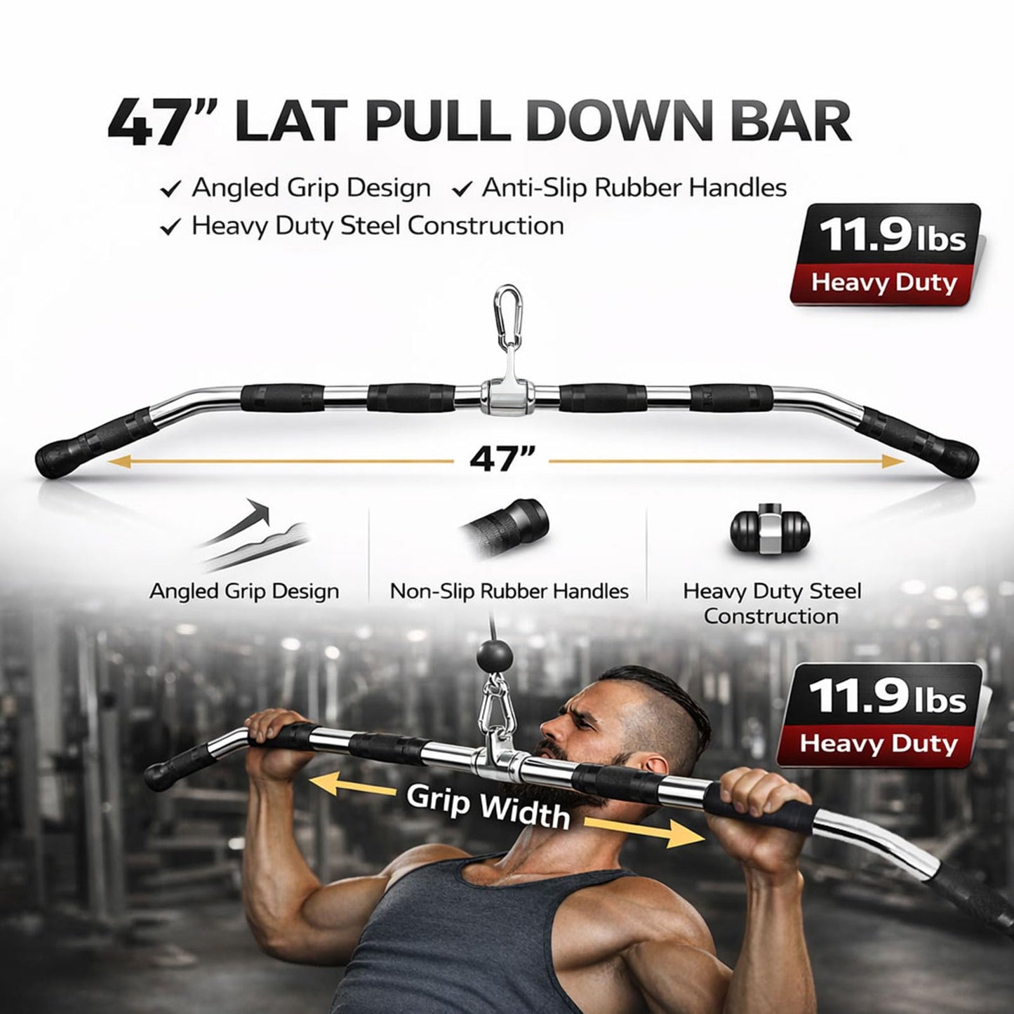 Avoirdus 47" LAT Pulldown Bar Attachment for Cable Machine, Heavy Duty Steel Curl Bar with 360° Swivel & Rubber Grip, Wide Close Neutral Grip Handles for Back Strength Training Home Gym