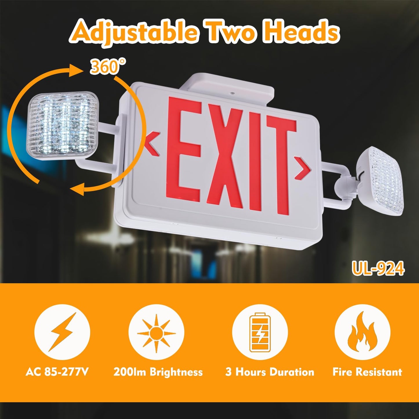 Apmeetlux Red Exit Sign with Emergency Lights, 200lm 3Hours Plug in Exit Sign Battery Backup Lights for Business,Commerical Emergency Lighting Combo UL 924 AC85-277V Double Face