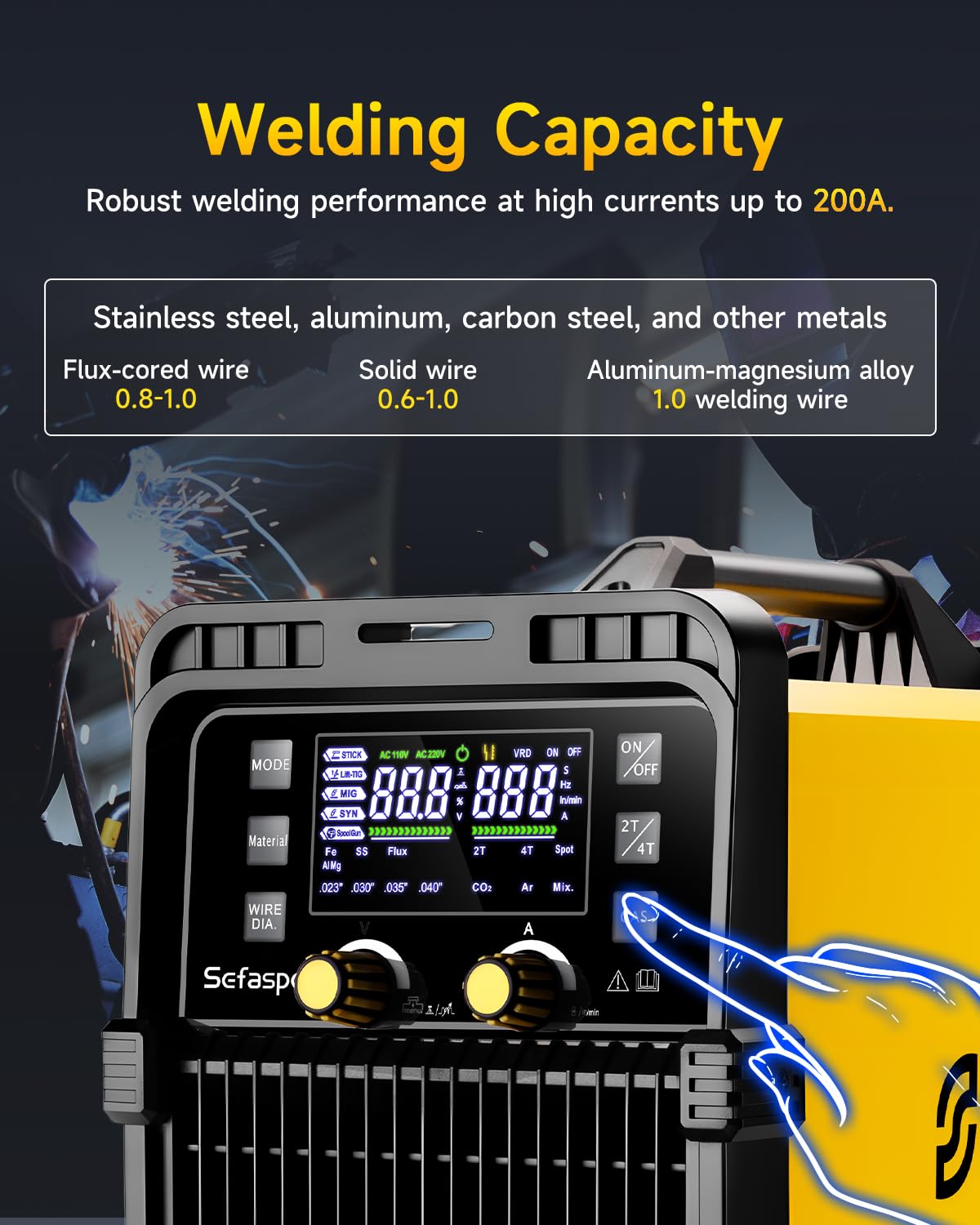 Sefaspe 200Amp MIG Welder, 2026 Newest [Large LED Display] 110/220V Welding Machine, 7 in 1 STICK/Lift-TIG/MIG/SYN/SpoolGun/Flux/Spot, Ideal for DIY and Metal Workshop