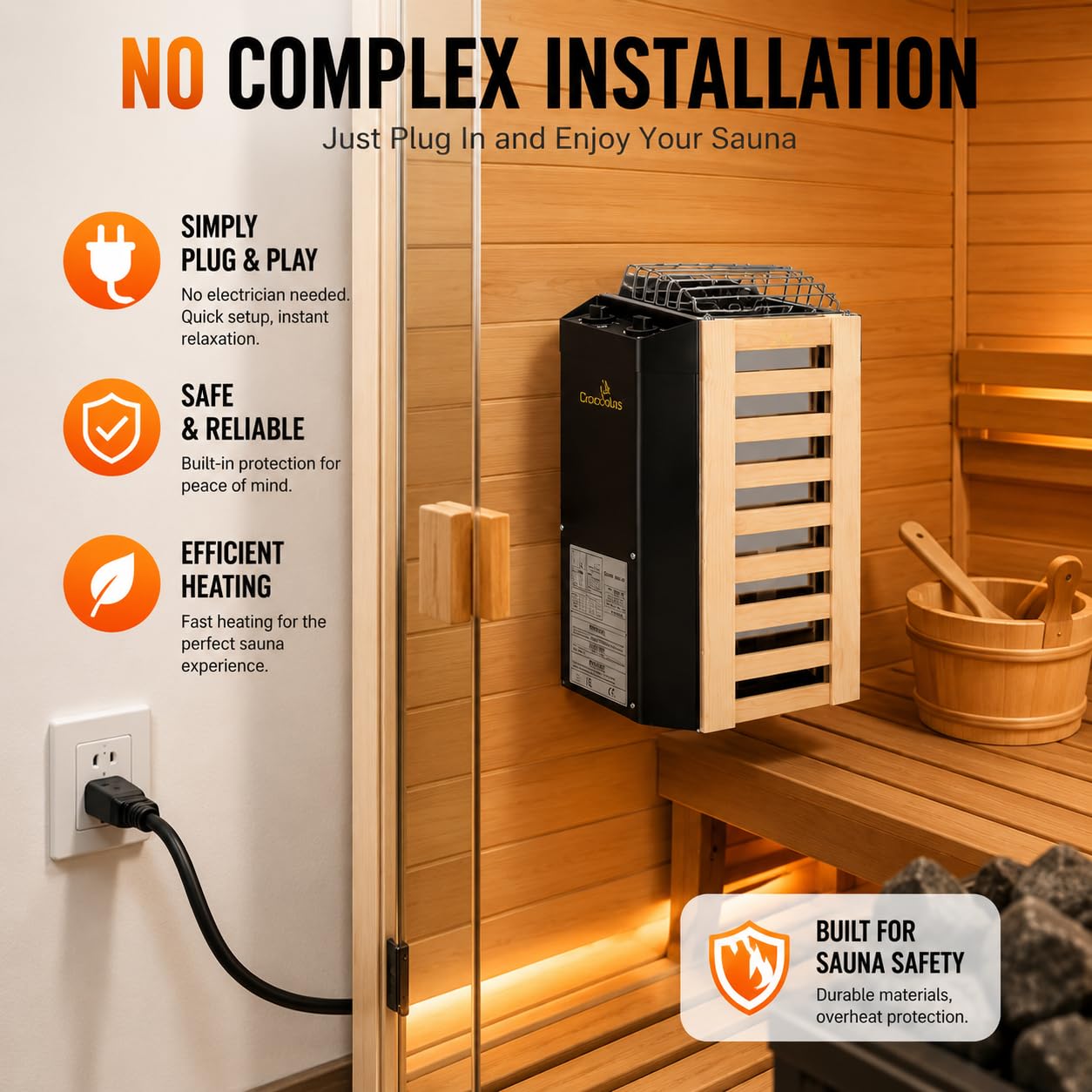 2KW 110V Sauna Heater with Plug, No Need for Wiring, Plug and Play, 100 Cu.Ft. Heated Area, Electric Sauna Heater with 3h Timera and Internal Temperature Control, Suitable for Small Sauna Rooms