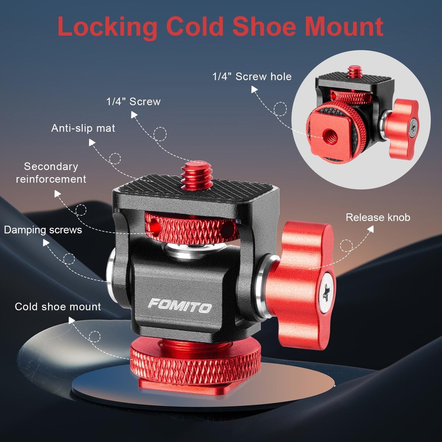 FOMITO 1/4" 360 Metal Camera Monitor Mount with Serew and Cold Shoe, Rotary Adapter Swivel Universal for Flash