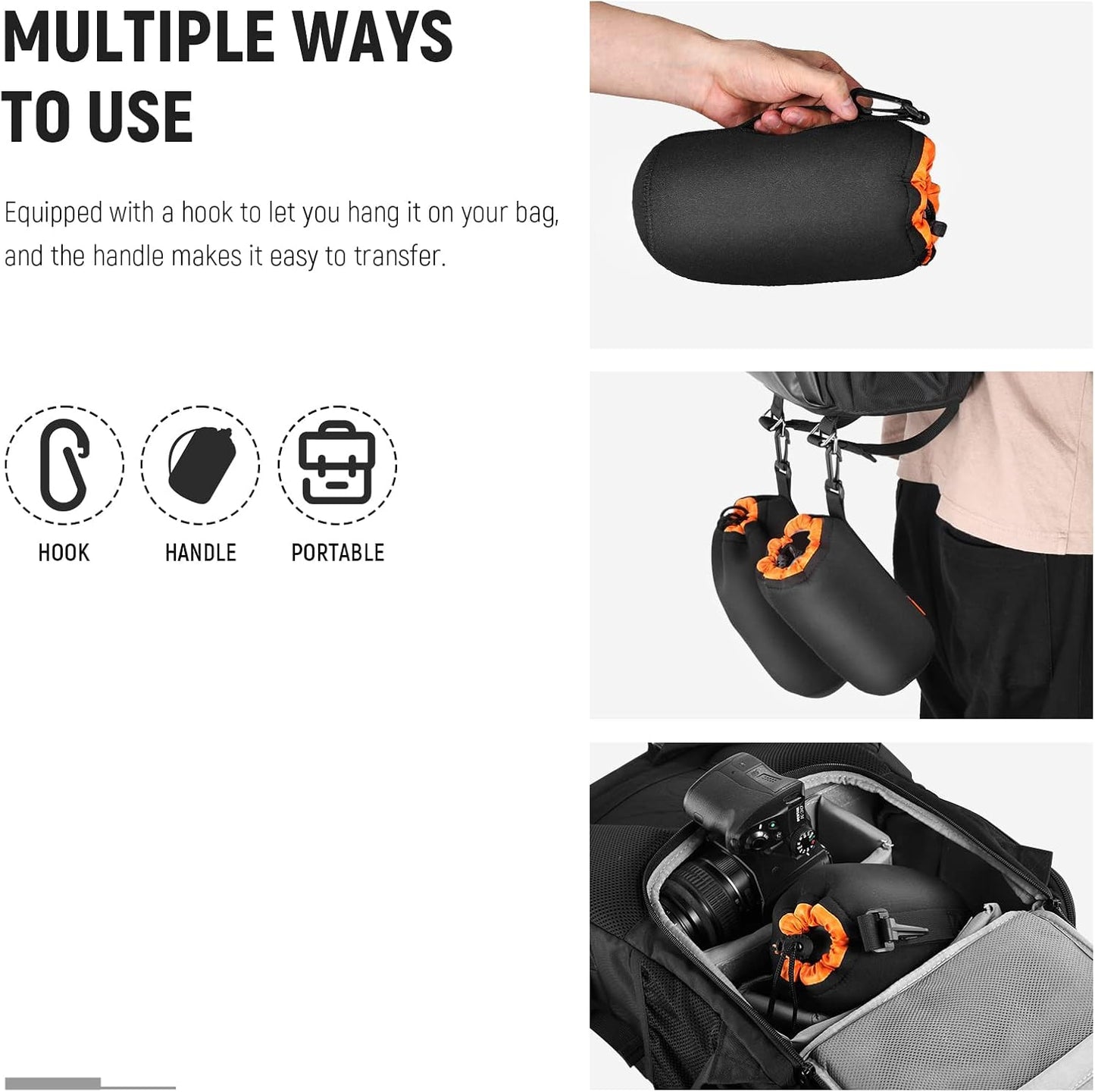 (4 Packs, 4 NEEWER Camera Lens Pouch Sizes) Thick Protective Bag with Drawstring Design, Orange Interior, Soft Plush