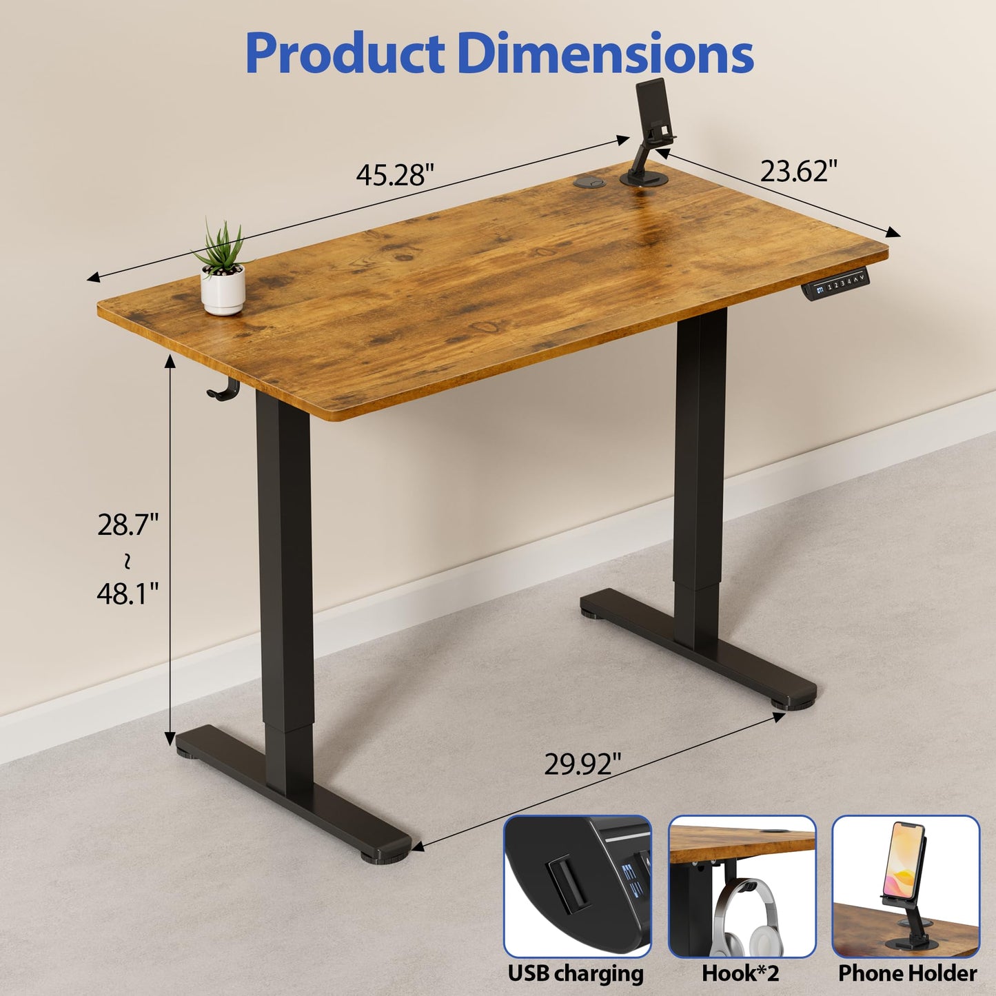 YESHOMY Height Adjustable Electric Standing Desk, 46 x 24 Inches Memory Home Office Sit Stand up Desk with Phone Holder and USB Charging Port, Rustic Brown