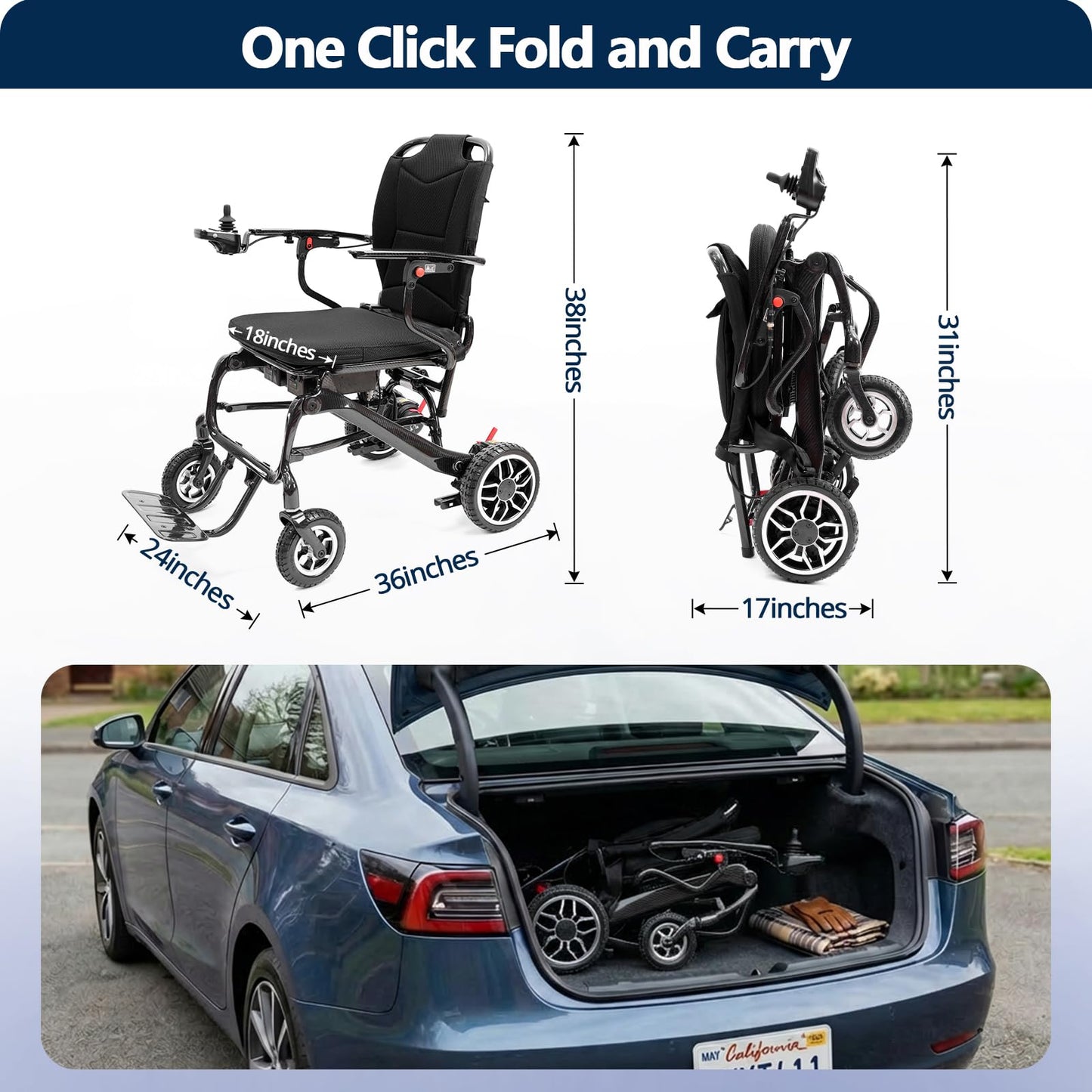 John Dawson Electric Wheelchairs for Adults 33LBS 100% Carbon Fiber, 30 Miles Long Range Lightweight Foldable Motorized Wheelchair with Dual 10Ah Batteries & Dual Motors