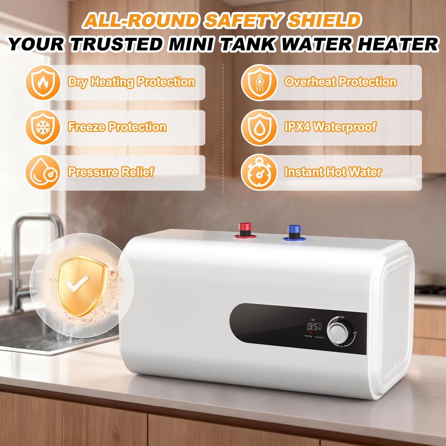 4Gallon Mini Tank Water Heater Electric, 1500W Under Sink Hot Water fot Point of Use, 110V Instant Hot Water Heater for Kitchen, Office