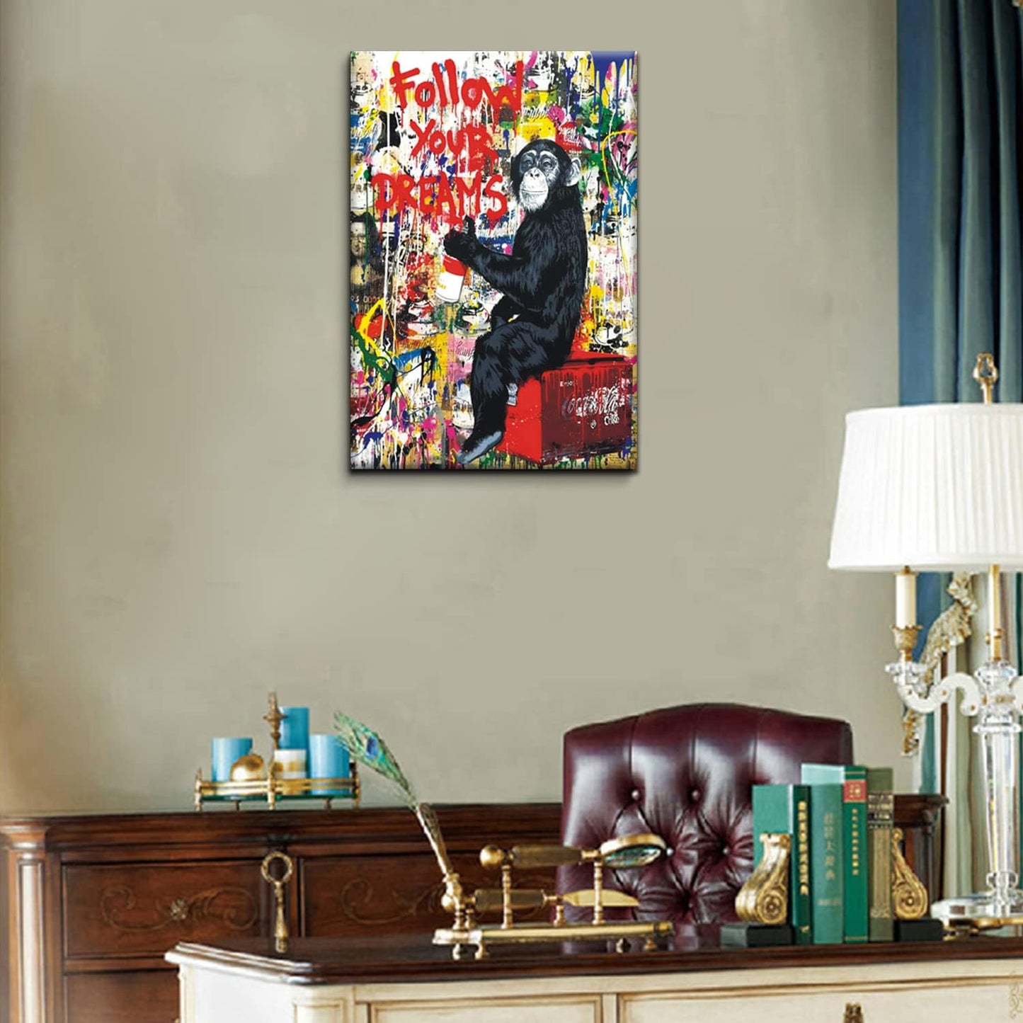 AKOTAC Monkey Street Graffiti Canvas Print - Follow Your Dreams Animal Wall Art | Framed Home Decor for Living Room & Office