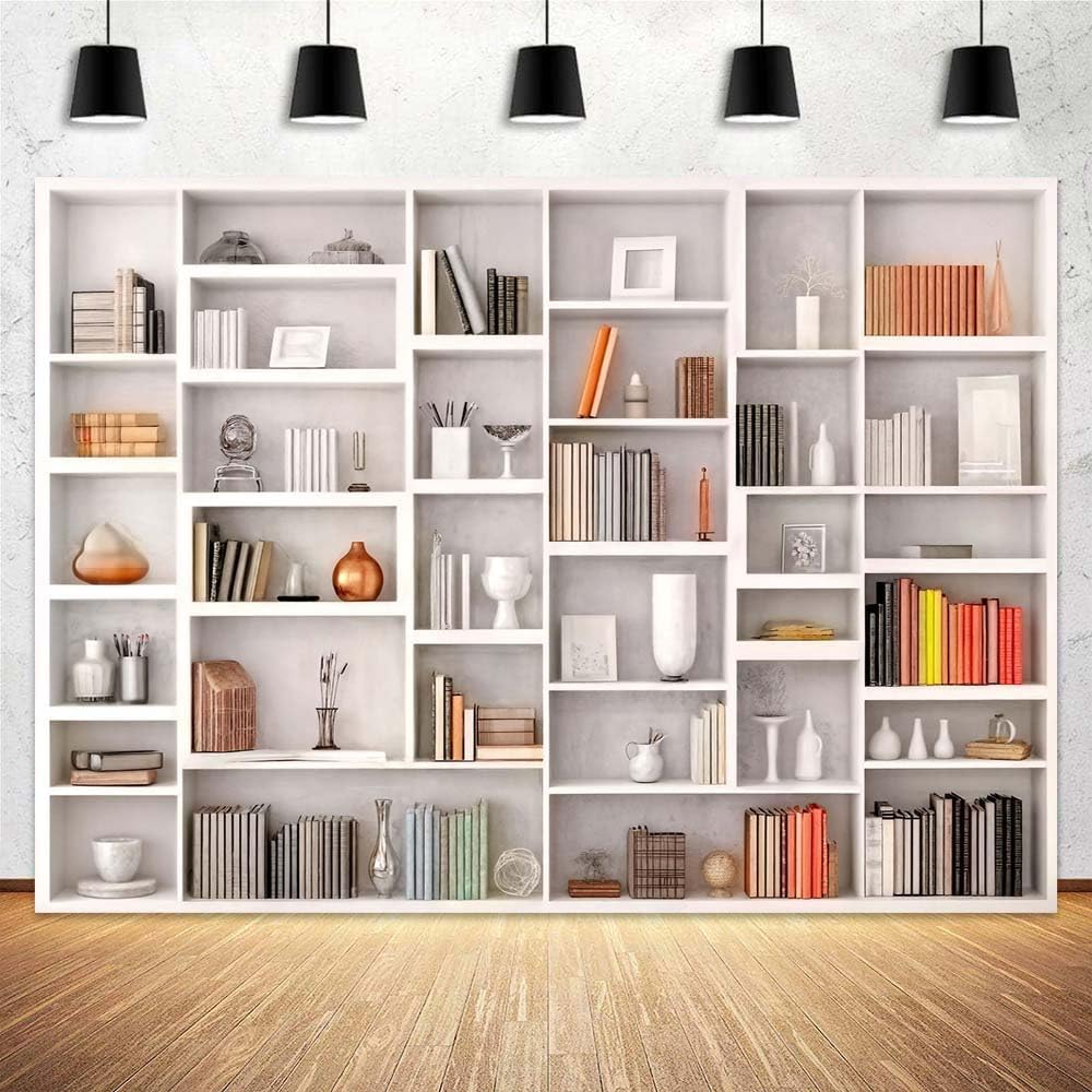 Xguatan 7x5ft White Bookshelf Backdrop Office Home Bookcase Photography Backdrop Decoration for Video Conference, Zoom