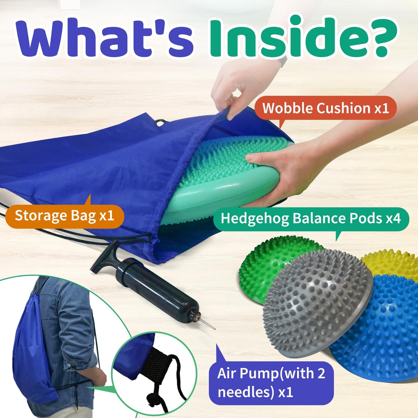 Wobble Cushion Set for Core Body Balance Training - Wiggle Disc Plus 4 Hedgehog Balance Pods and Pump, Inflatable Stepping Pads for Adults（Teal）
