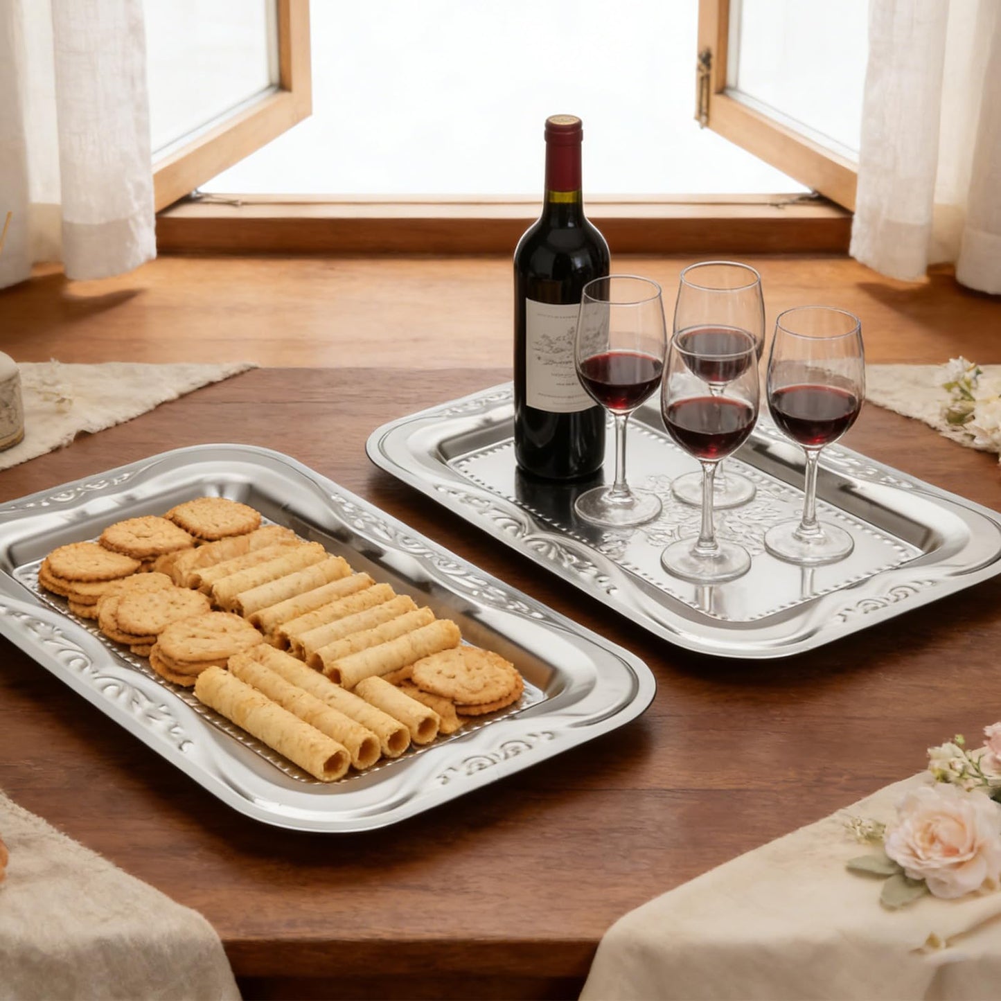 6 Pack Silver Serving Trays Set, Floral Engraved Mirror Decorative Tray Party Platters for Whiskey Cookies Food Dessert Fruit Cupcake Weddings Table Parties Display