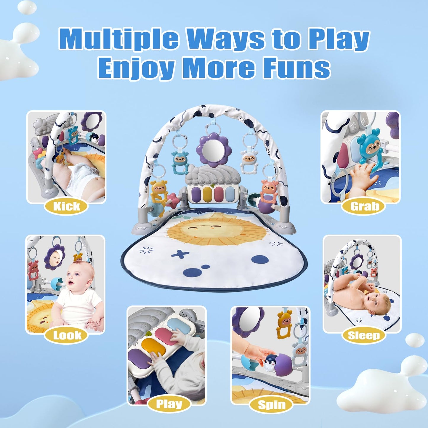 Cuterabit Baby Play Gym Mat, Baby Gym Activity Center, Kick and Play Piano with Music and Light, Tummy Time Toys for Newborn Babies Infants Boys Girls 0-3-6-9-12 Months (Grey)