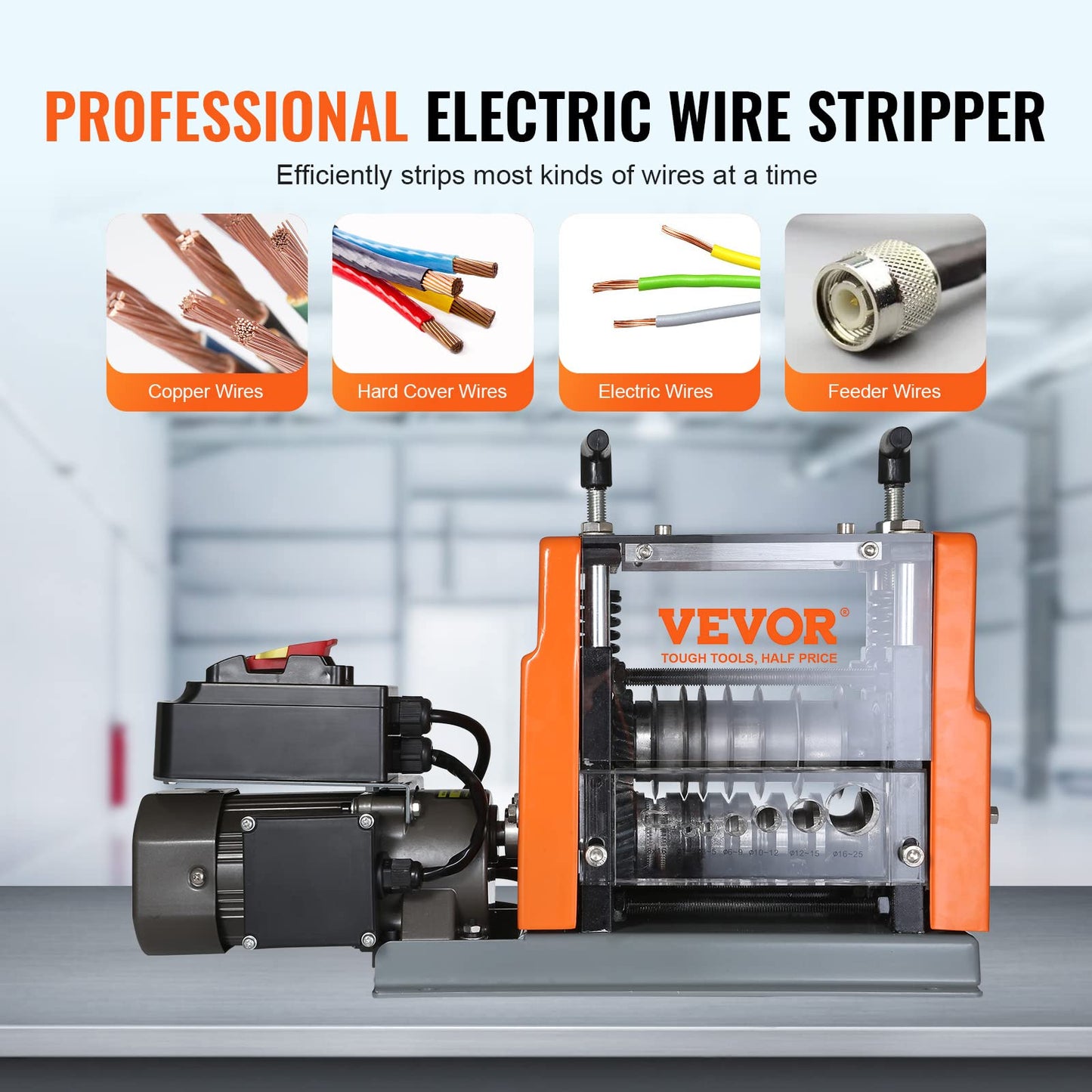 VEVOR Electric Wire Stripping Machine, 0.06''-0.98'' Automatic Wire Stripper Machine, 60 W, Wire Strip with Visible Stripping Depth Reference, 6 Round & 1 Flat Channels Electric Wire Stripper