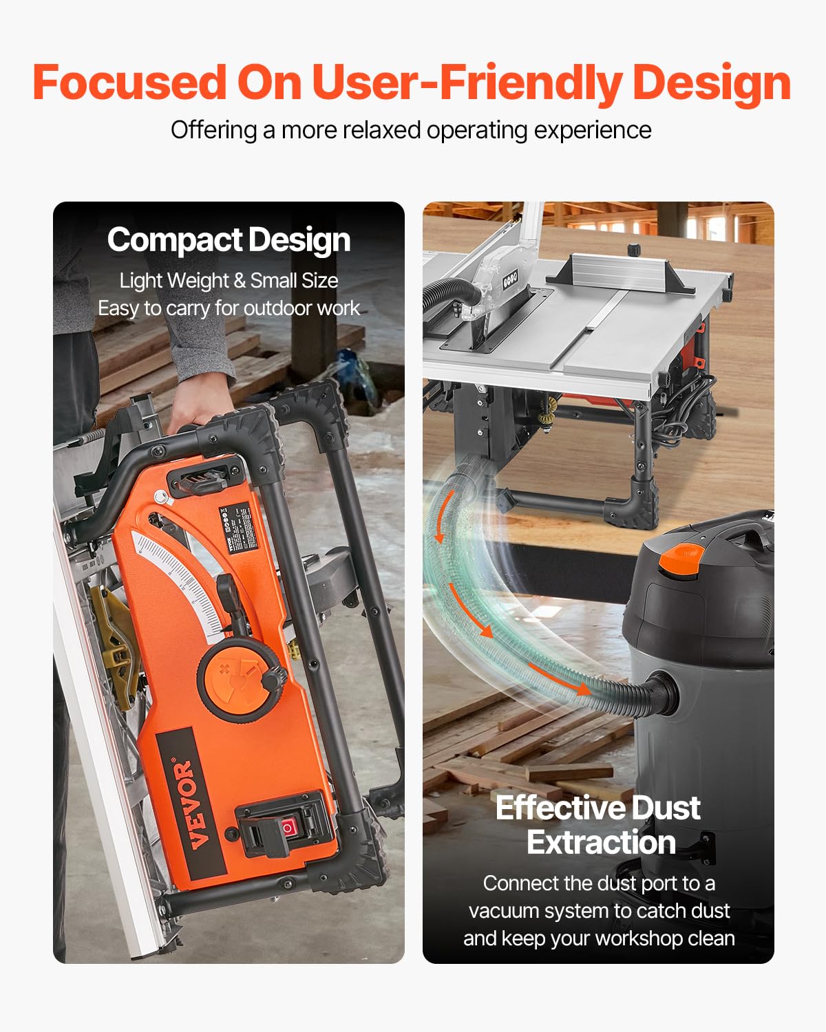 VEVOR Table Saw, 4500 RPM Portable Jobsite Table Saw with Sharp Edges & High Cutting Precision, Compact Table Saws with Dust Port For Woodworking, Fit for Raw Wood, Flooring & Cabinets