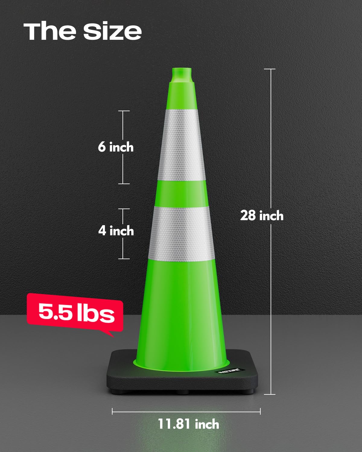 BATTIFE Traffic Cones with Black Weighted Base, PVC Safety Cones for Traffic Control, Construction Events, Driveways, and Parking Lots (28 Inch, Green, 6 Pack)