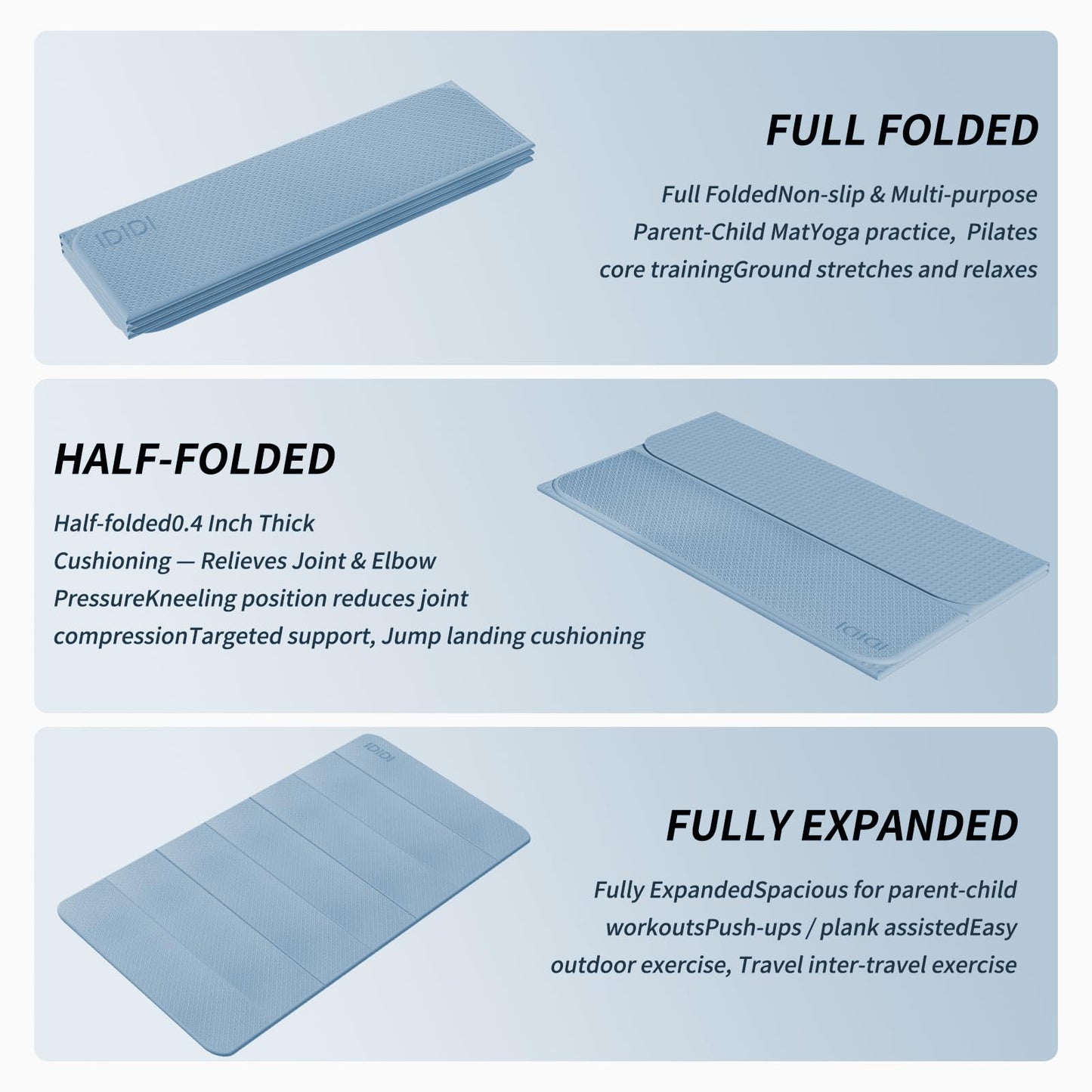 Foldable Yoga Mat Extra Thick & Large (74.0" x 47.2" x 0.4"), Double-Sided Non-Slip Lightweight Fitness & Pilates Mat, 10mm Thick Wide Exercise Mat for Men Women Kids, Portable Workout Mat for Gym, Studio, Travel, Home & Parent-Child Use (Blue Gray)