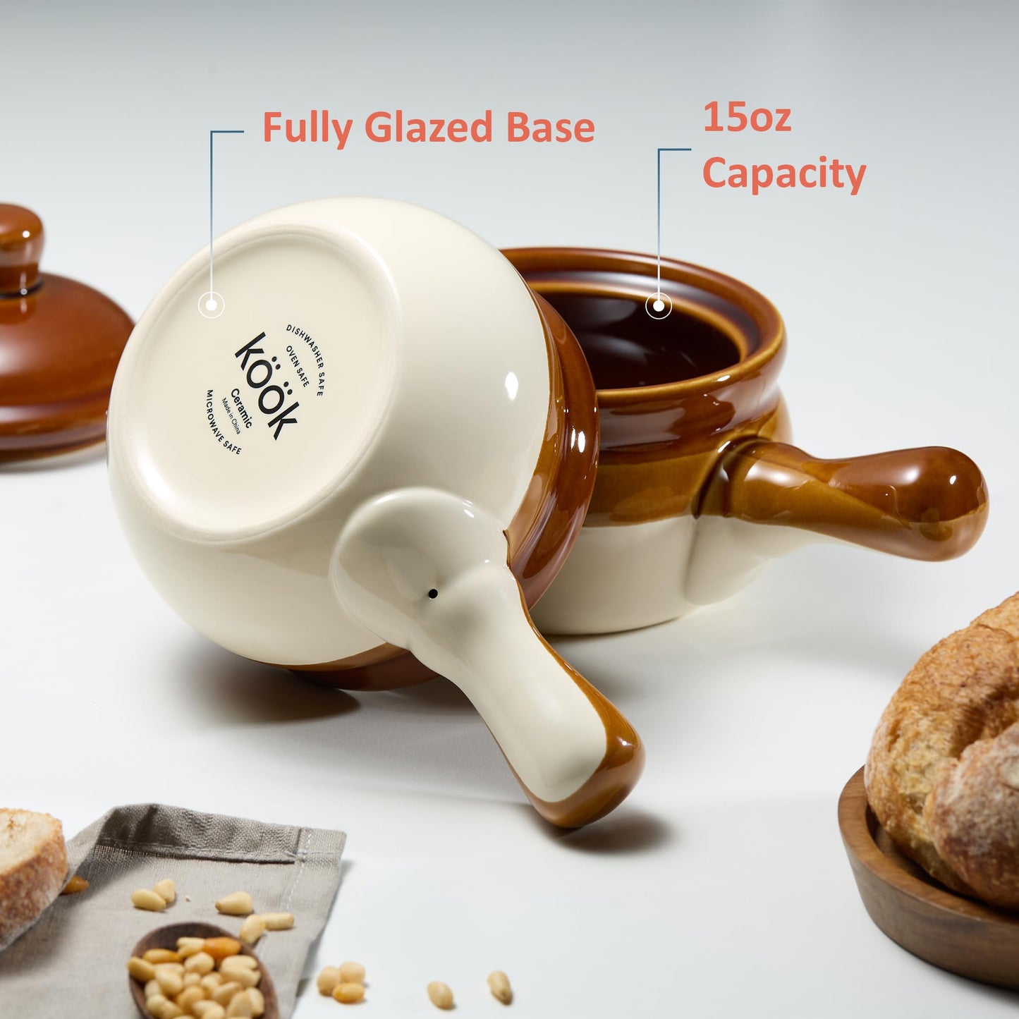 KooK French Onion Soup Crocks, Ceramic Bowls with Lids, Large Handles, Oven & Microwave Safe, Brown/White, Set of 4, 15 oz