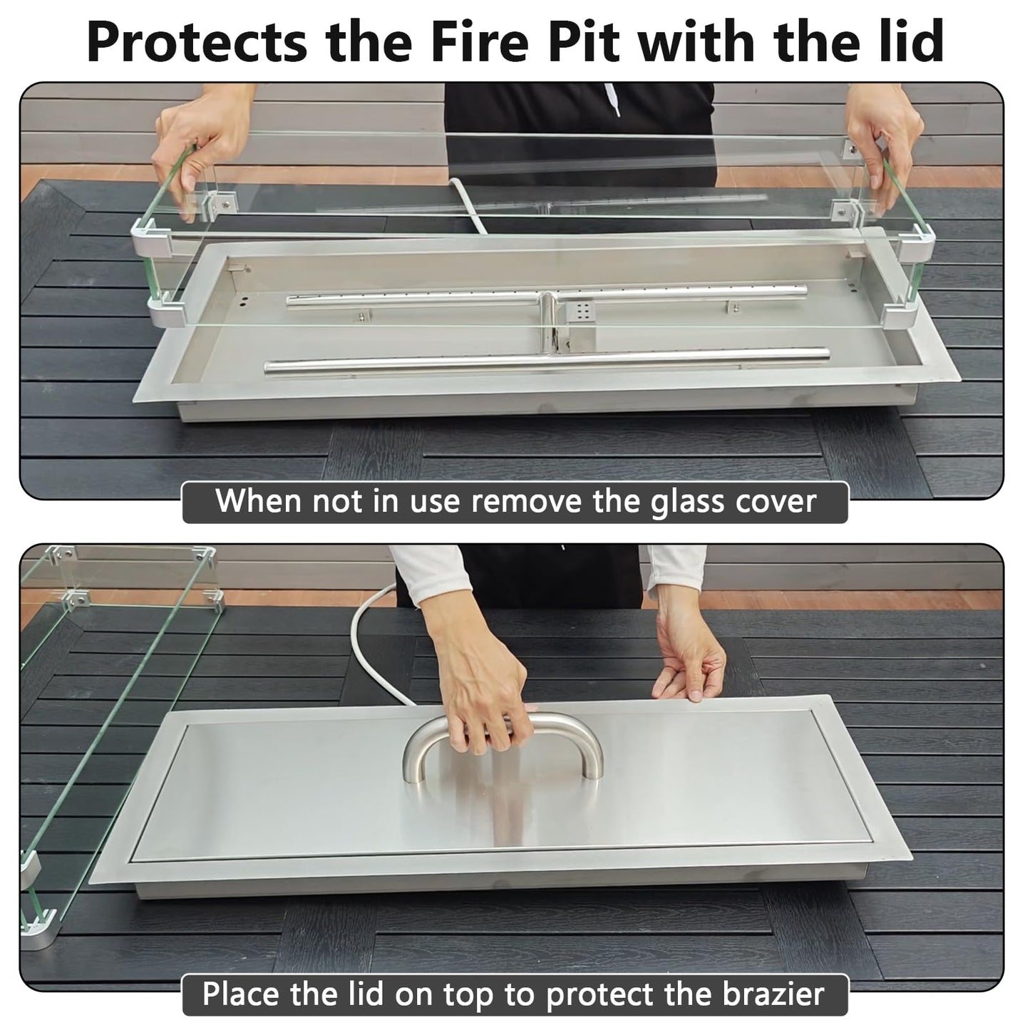 GRISUN Upgraded 30" x 10" Drop-in Fire Pit Kit with Glass Wind Guard & Lid, Linear Fire Pit Burner Pan, Stainless Steel Fire Pit Insert with Spark Ignition