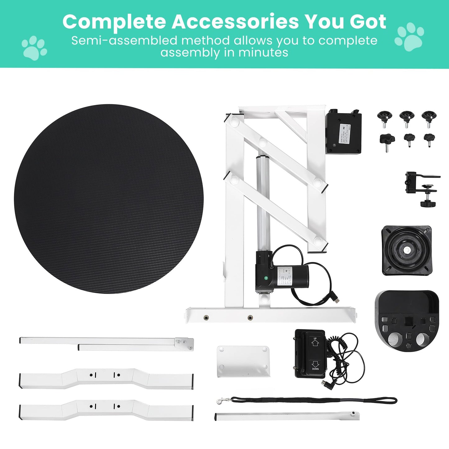 Garvee 24 Inch Electric Hydraulic Lift Pet Dog Grooming Table, Rotating Grooming Desktop for Small Pet, with Overhead Arm, Foot Remote, Tool Organizer, Capacity 250LBS