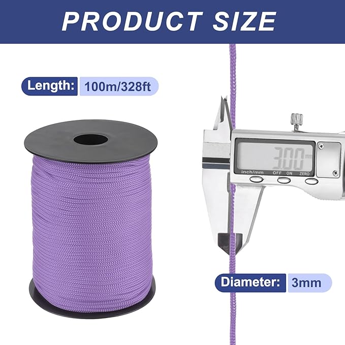 MECCANIXITY 1/8 Inch Polypropylene Rope Braided Ropes, 328ft Nylon Rope Hollow Utility Cord for Clothesline, Camping, Hiking, Outdoor, Light Purple