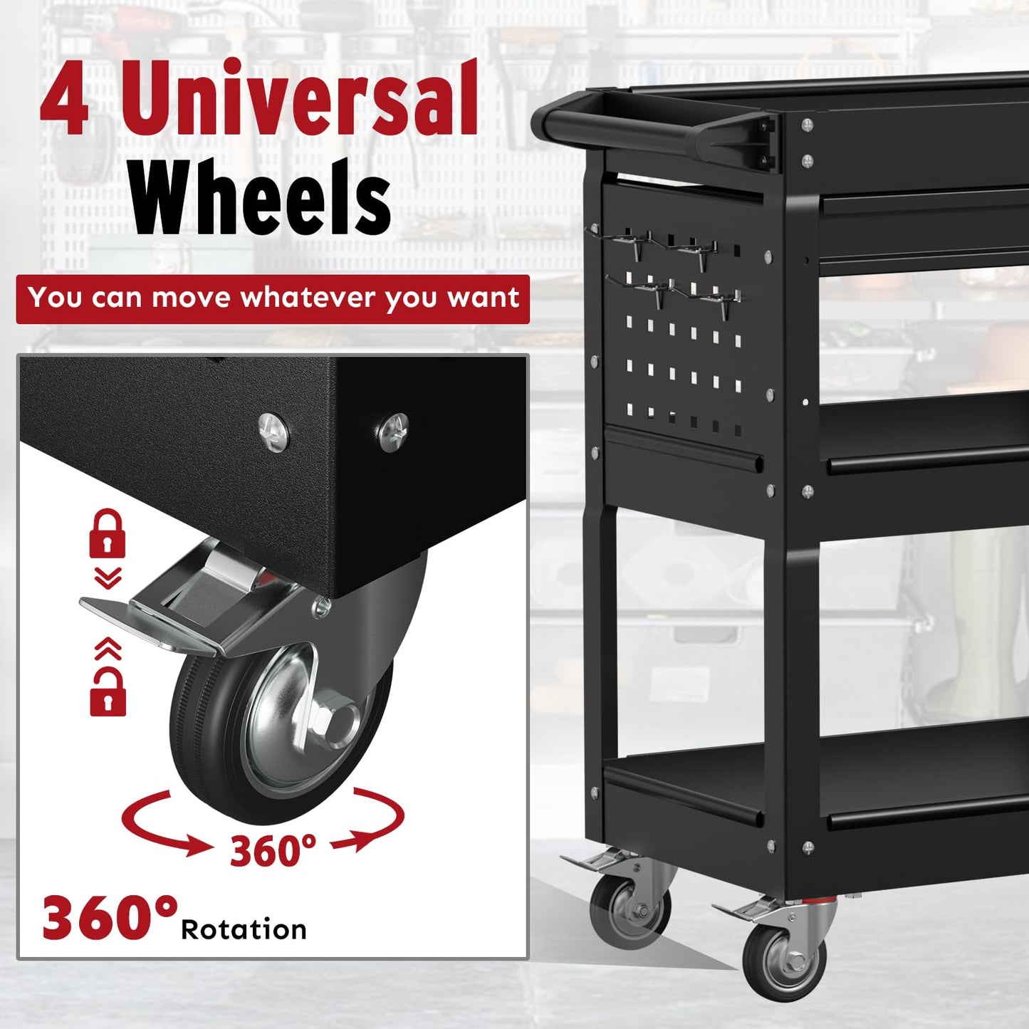 Granper 3 Tier Rolling Cart, Heavy Duty Utility Industrial Service Carts on Wheels, Metal Tool Cart with Locked Drawers, Ideal for Garage, Warehouse and Repair Shop（Black）