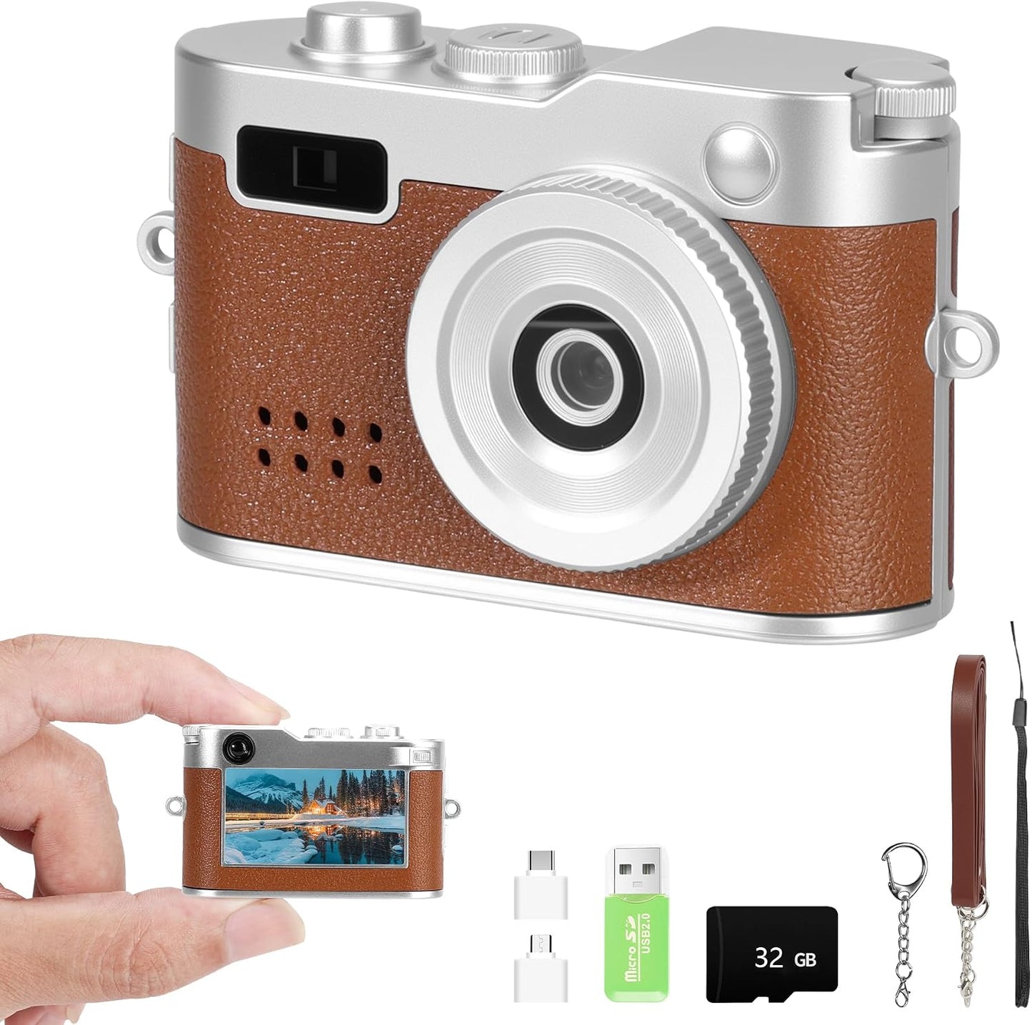Mhaohuofu 1080p 32GB 6 0.96" 100 Mini Keychain Camera, FHD Mini Digital Camera with SD Card, Flash, Creative Filters