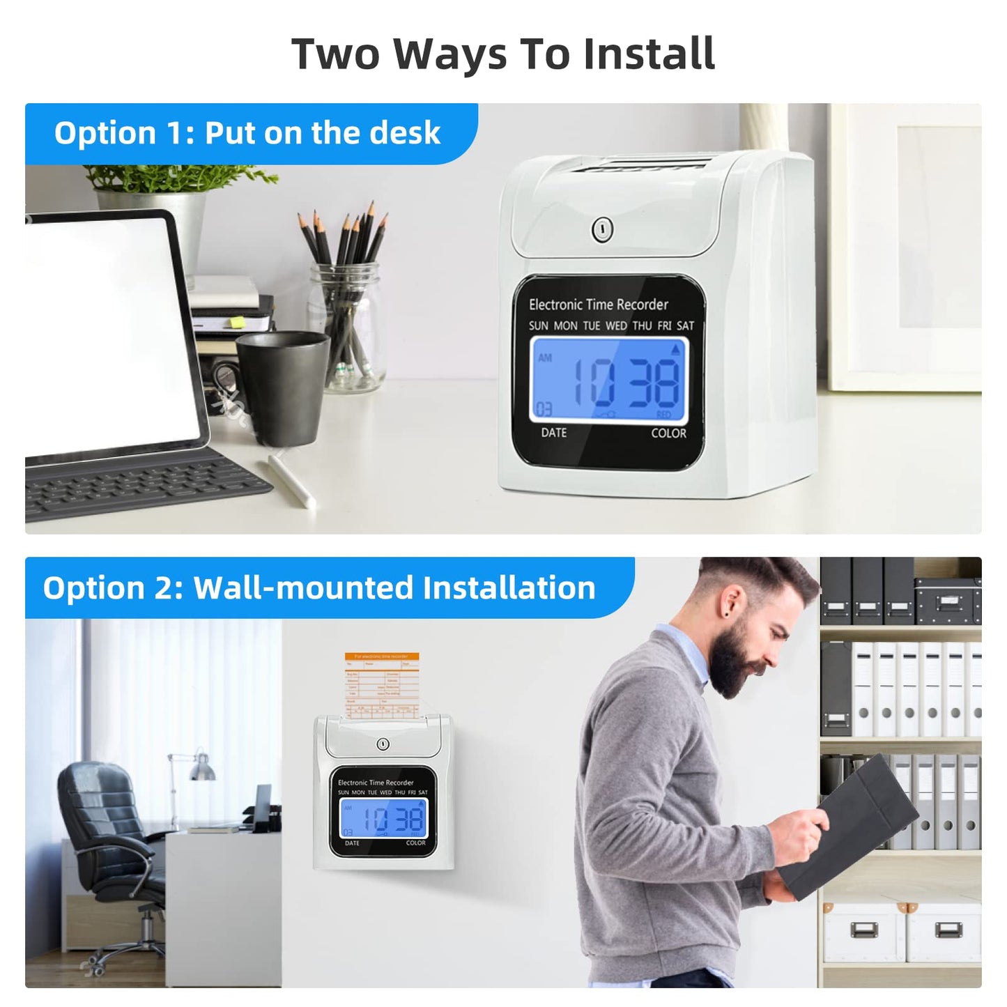 TooCust Employee Time Clocks for Small Business, Auto-Align Time Clock Punch Machine with 50-Piece Time Cards, Two Security Keys, and One Ink Ribbon Cartridge