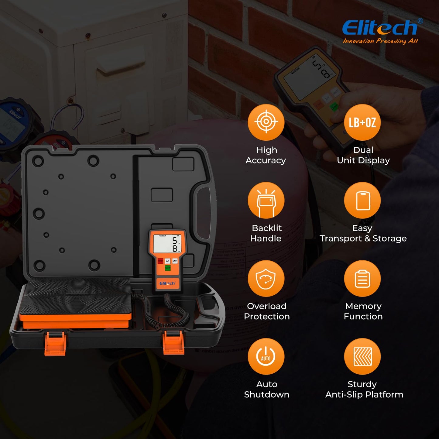 Elitech Refrigerant Scale 110 Lbs – High Precision HVAC Freon Scale with LB+OZ Dual-Unit Display, Electronic Charging Weight Scale with Carry Case, LMC-100F+